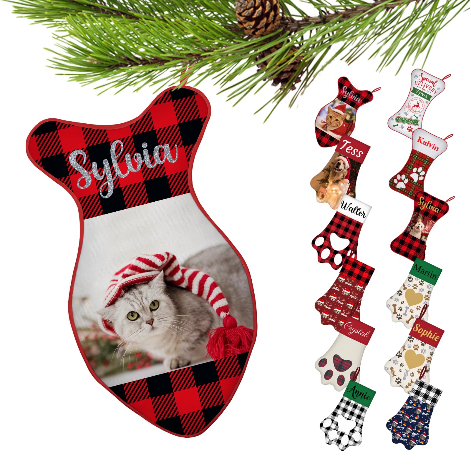 Busparst Personalised Christmas Stocking for Dogs and Cats Custom Name Pet Paw or Dog Bone Shape Christmas Stockings Customized Xmas Decorations Fireplace Hanging Stockings