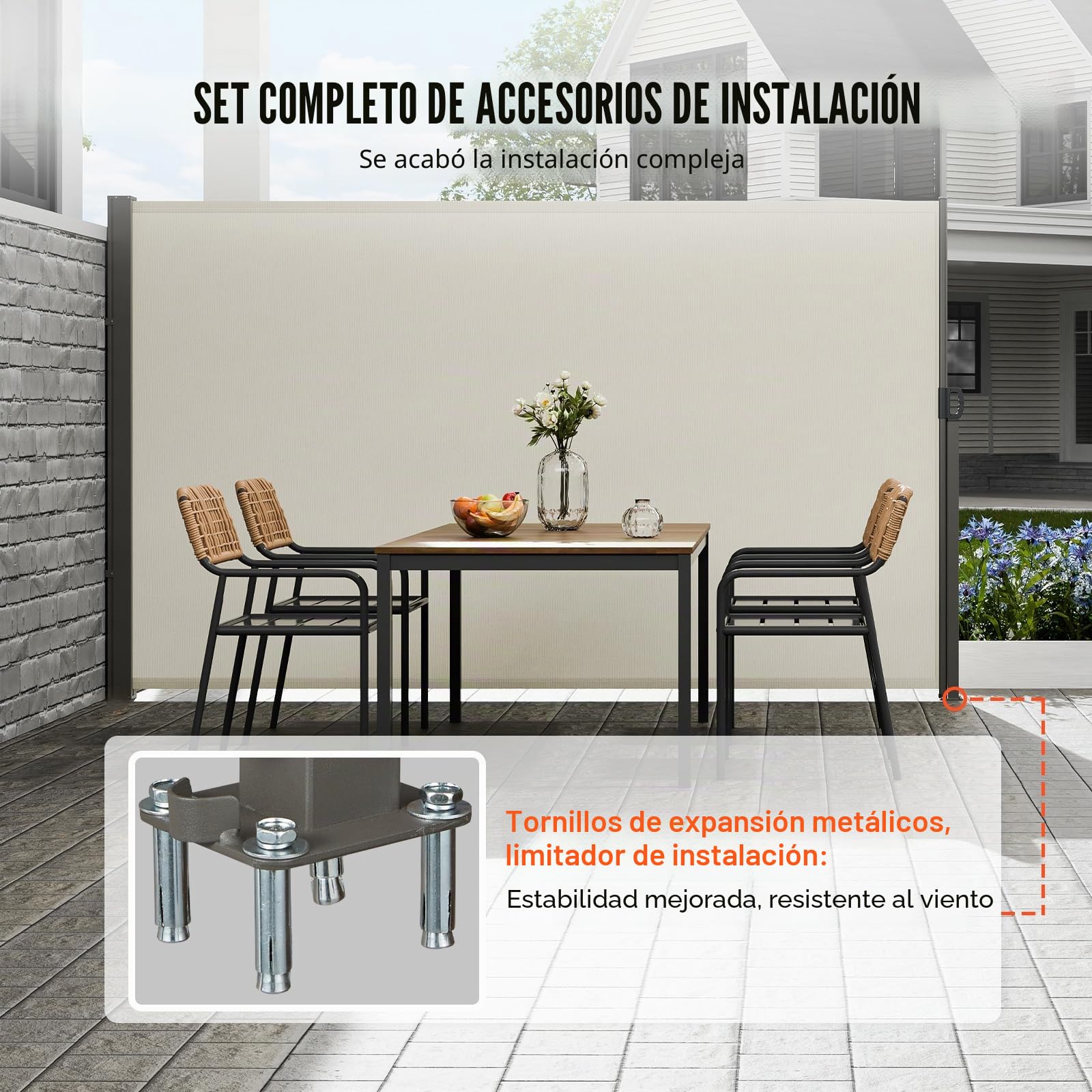 VEVOR Toldo Lateral Retráctil Pantalla de Privacidad al Aire Libre 180x300 cm Toldo Lateral contra Viento Impermeable de Poliéster Divisor de Habitación UV 30+ para Patio, Jardín, Balcón, Beige