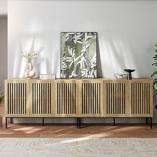 Buffet Cabinet with Storage,Set of 2 Farmhouse Console Table with Metal Base and Adjustable Shelves,Sideboard Coffee Bar Cabinet with 6 Doors for Kitchen,Dining Room,Living Room,Oak