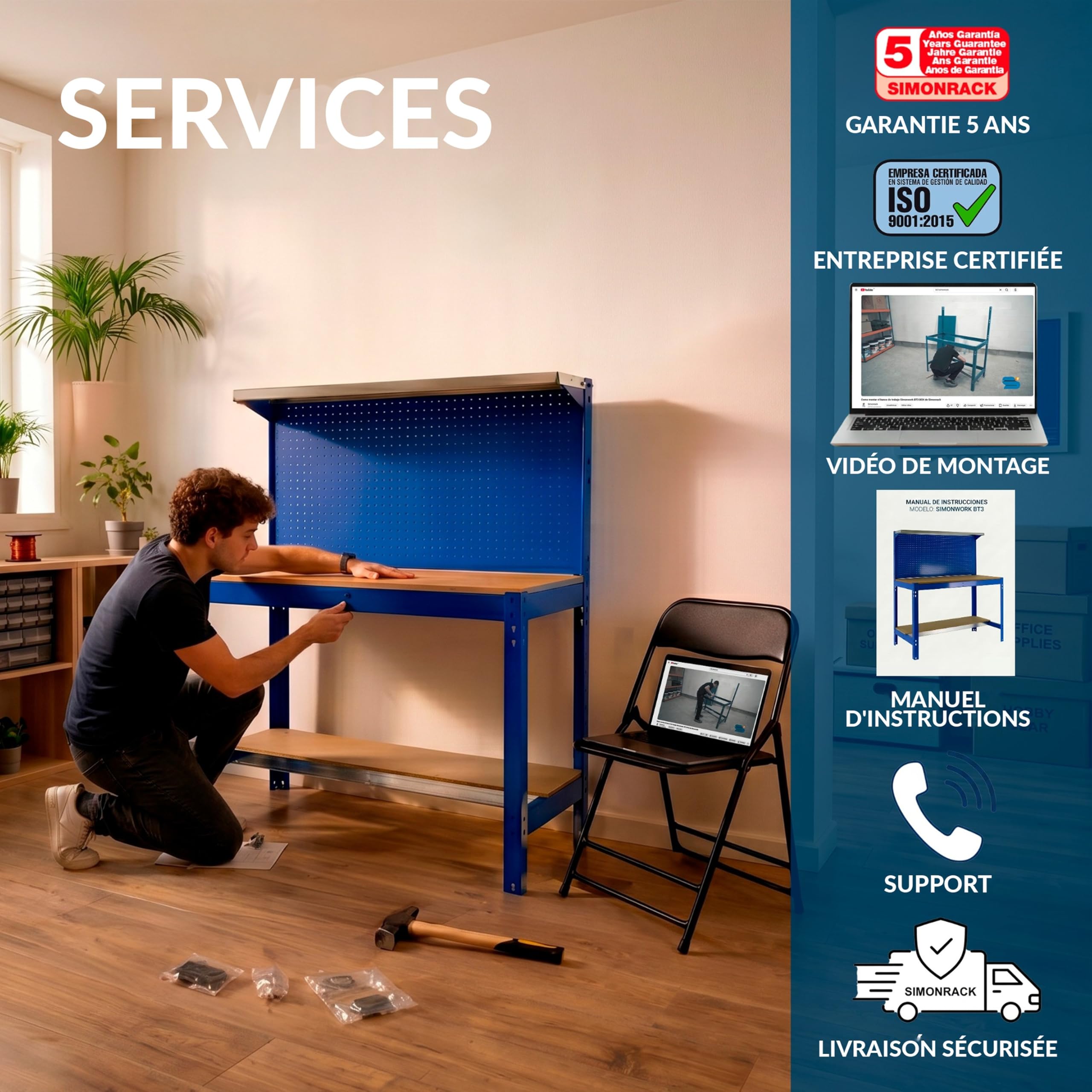 SimonRack Etabli d’Atelier, Capacité de Charge 600 kg, 1445x1210x610 mm, Panneau Perforé avec 1 Étagère, Table de Travail Bricolage, Bleu/Bois - BT3
