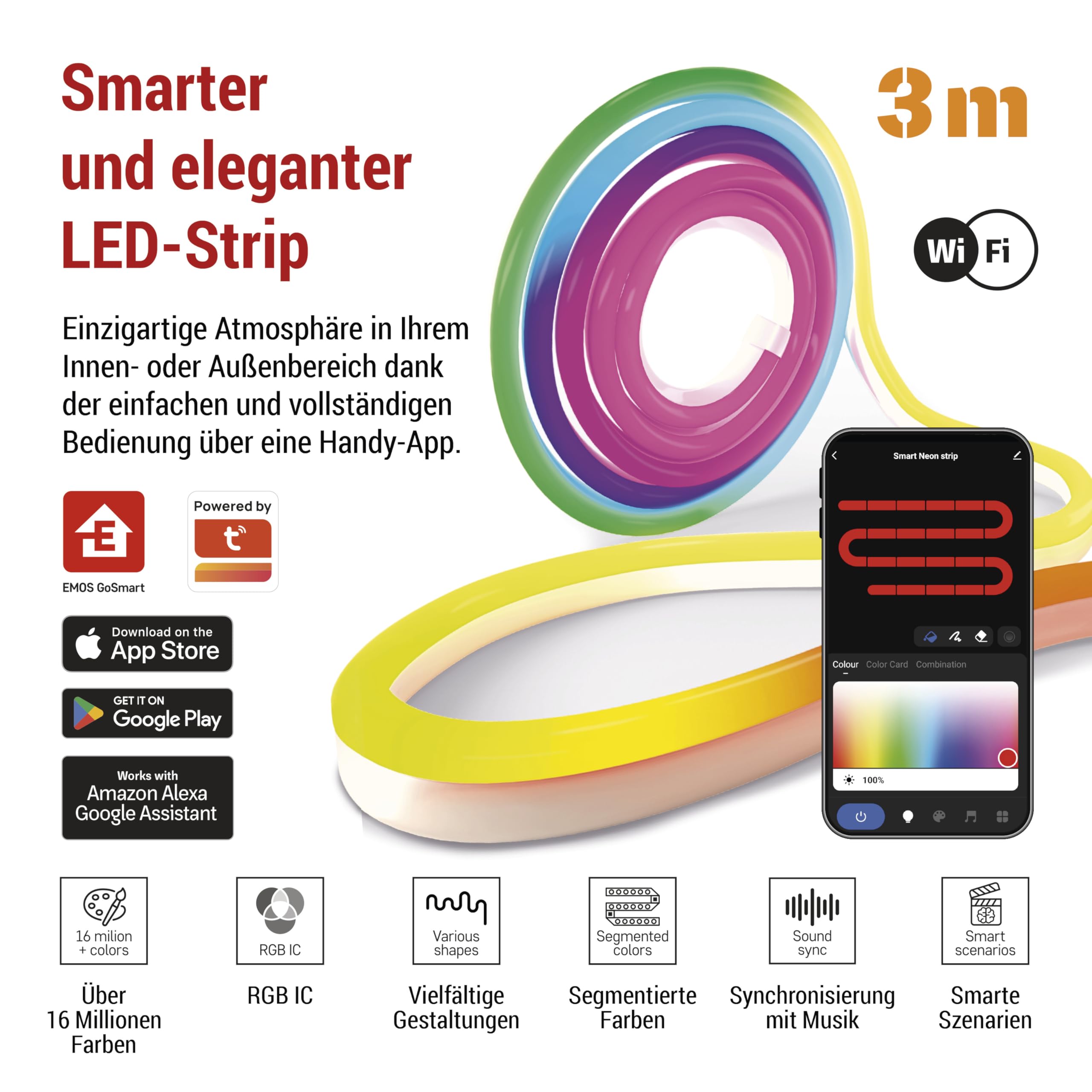 EMOS - Smart RGBIC Neon Strip, 3 m - Illuminazione da parete Wi-Fi con 16+ milioni di colori, dimmerabile - Strisce LED in silicone - Illuminazione per ambienti interni e feste - Include 1,6 cavi e