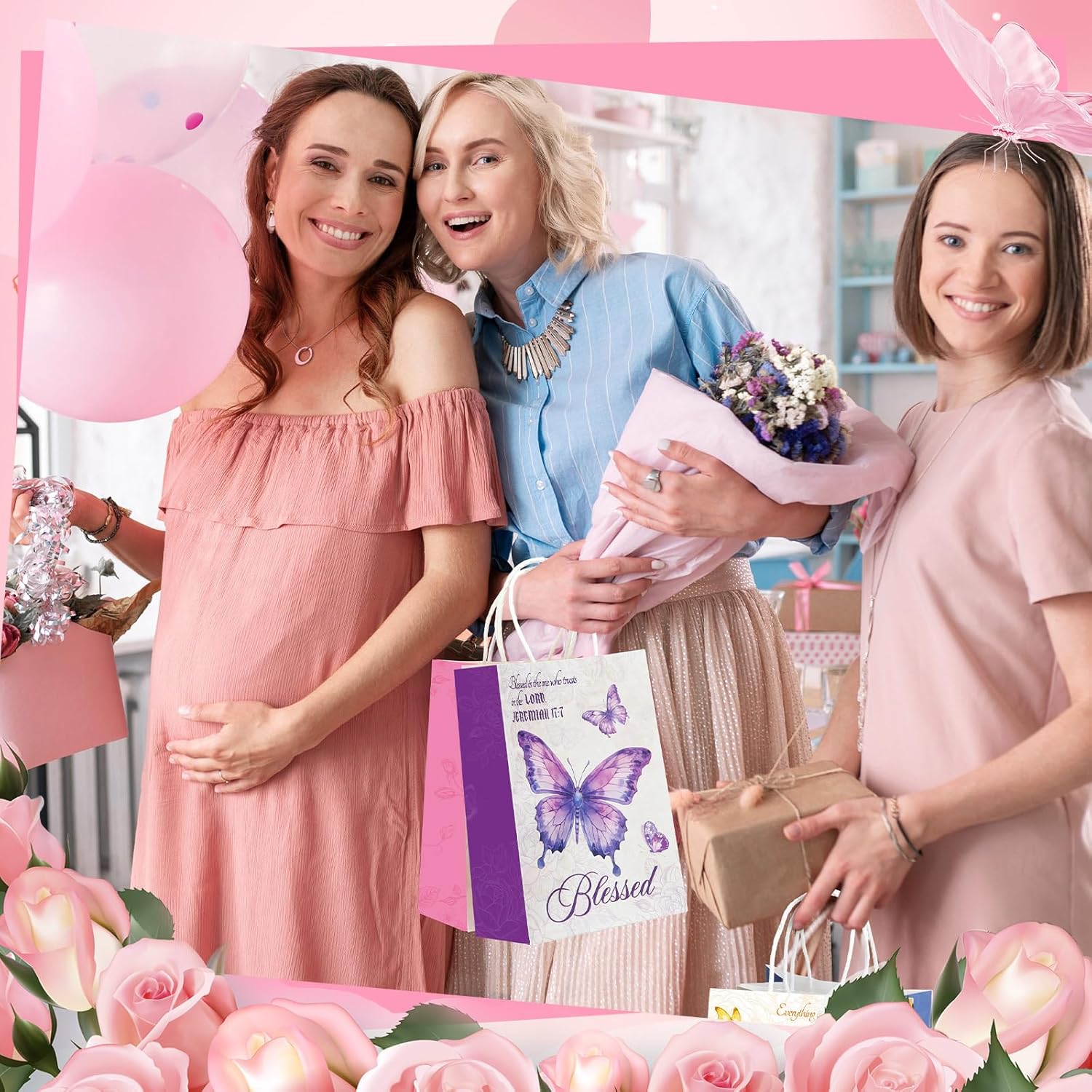 100 Pcs Christian Mother's Day Paper Gift Bags with Tissue Religious Butterfly Bible Verse Gifts Bags Bulk with Handles for Mothers Day Women Church Wedding Baptismal Party
