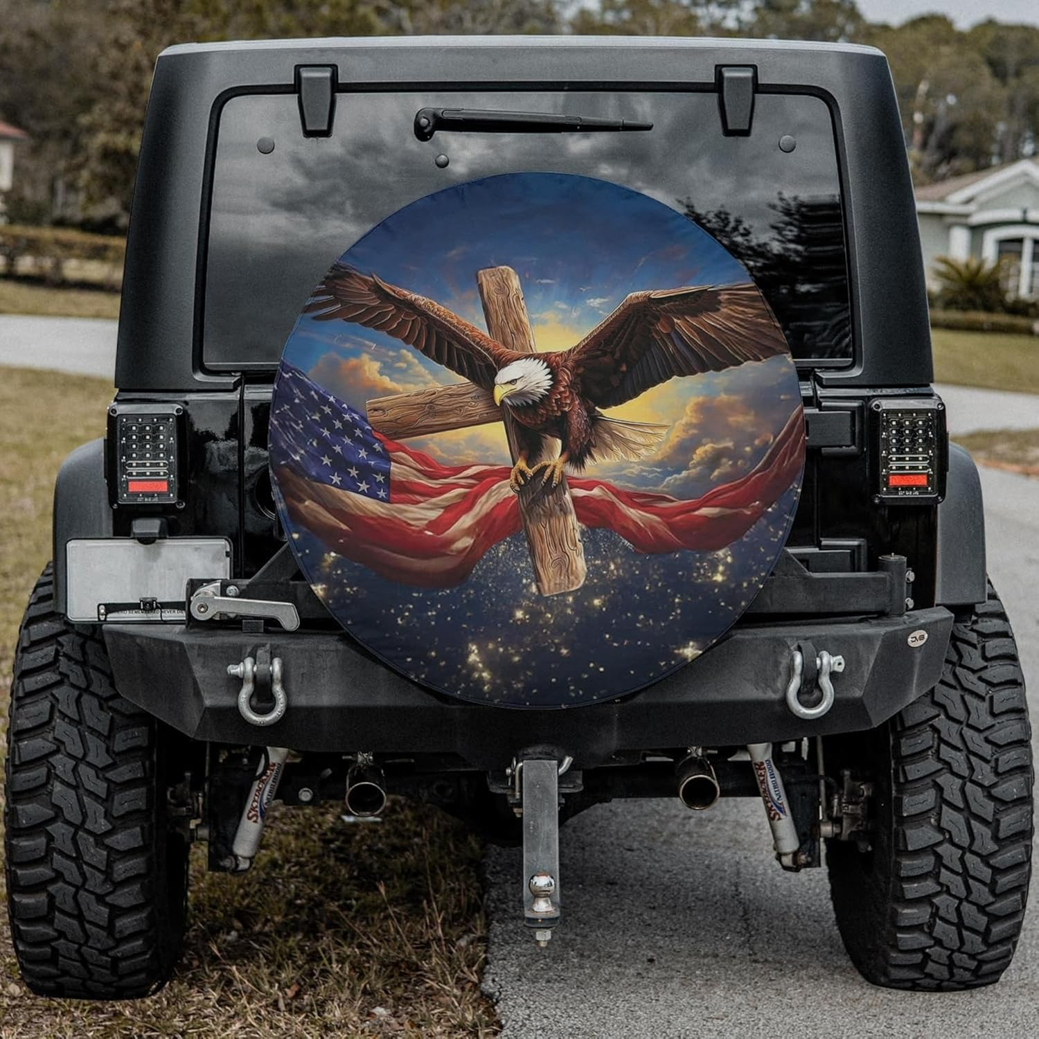ThangPham Shop Christian Jesus and America Eagle Spare Tire Cover with/Without Backup Camera Hole – Patriotic Faith Wheel Protector (Style 3)