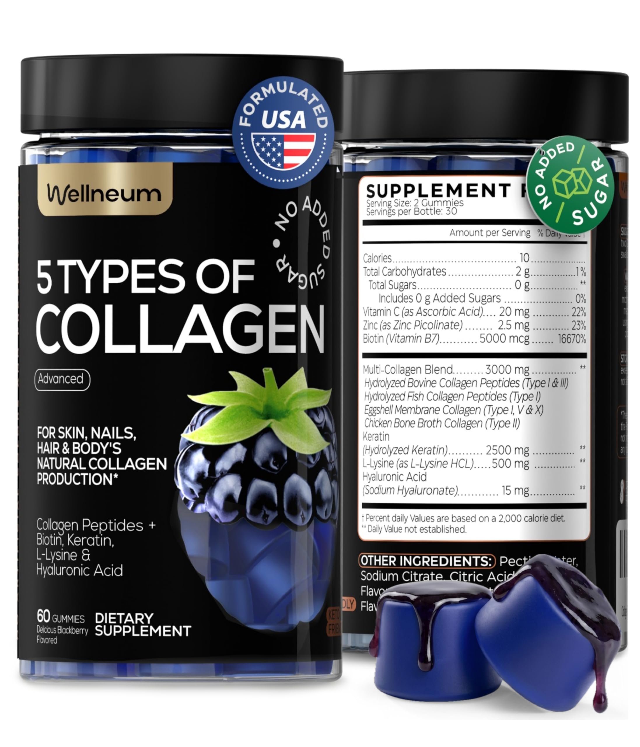 Collagen Peptides Gummies Sugar Free 3000mg Multi Collagen Blend for Hair Skin & Nails Support + 2500mg Keratin + 5000mcg Biotin, Hyaluronic Acid, Vitamin C & Zinc, 60 Gummies (Packaging May Vary)