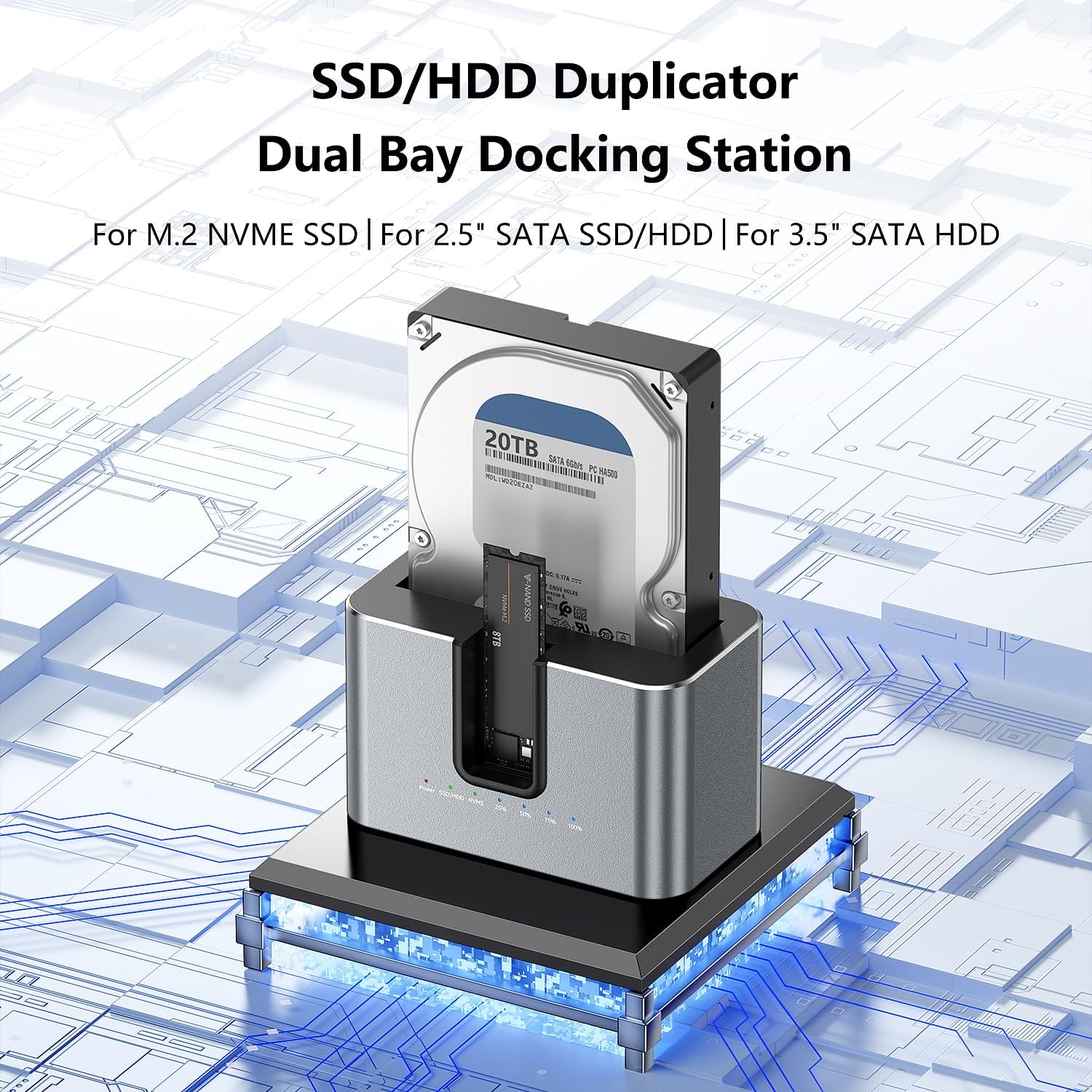 MiliPow Dual Bay Hard Drive Docking Station with Offline Cloning, SATA to NVMe Cloner for 2.5"/3.5" SATA HDD/SSD and M.2 NVMe SSD, UASP Supported, Up to 28TB