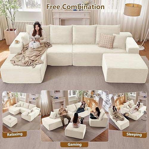 Miniatura 4 de Sofá en Forma de L de 135" con Otomana, Sofá Seccional Modular Moderno Cómodo en Forma de U Tipo Nube, Asiento Profundo, Chaise Longue Cama Tapizada