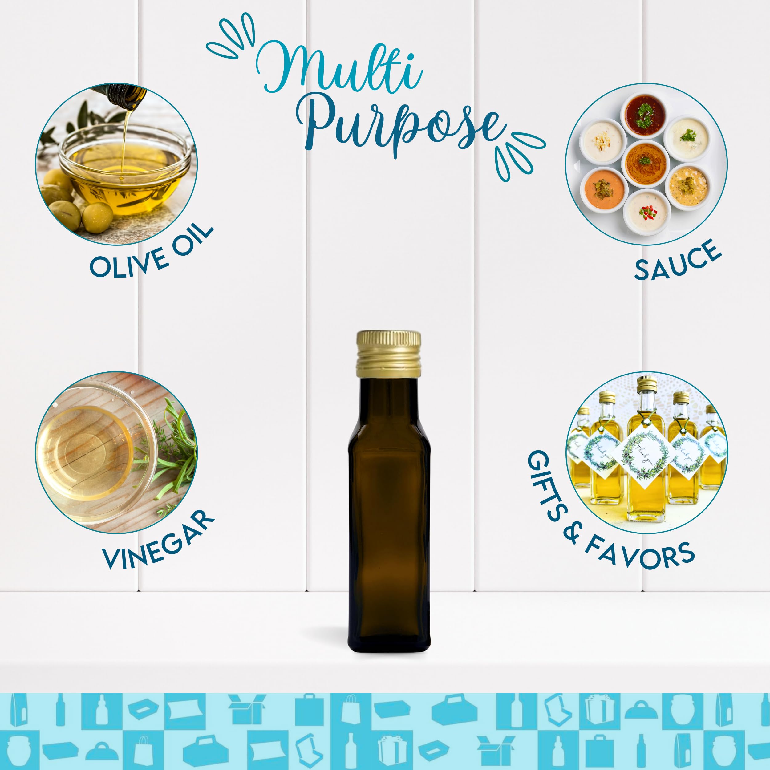 100 mini botellas de cristal oscuro de 100 ml con tapón de rosca dorado + 100 cajas – botellas pequeñas para aceite de oliva, vinagre, alcohol – frasco para muestras