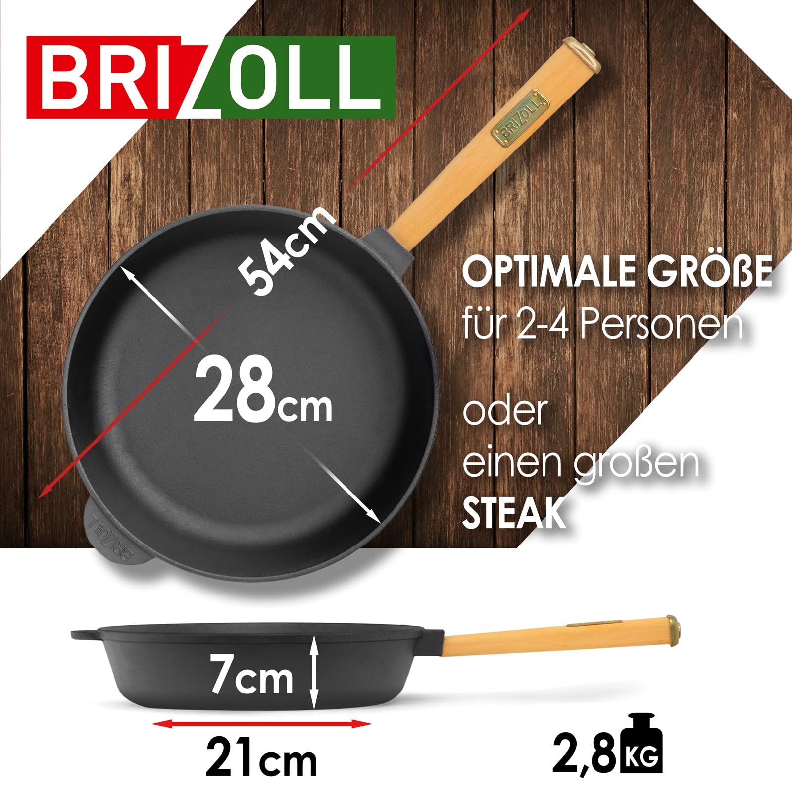 BIOL Sartén de Hierro Fundido para Freír 28 cm BRIZOLL - Sartén con mango de madera con espátula - Sartén apta para barbacoa de gas, horno, fogones y todo tipo de cocinas, incluida la inducción