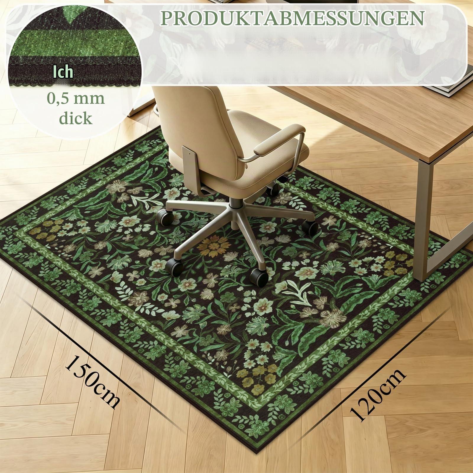 Teppich Bürostuhl Geeignet Bodenschutzmatte 120x150cm Grün Rutschfeste Bodenschutzmatte Bürostuhl für Hartböden Vintage Bürostuhl Unterlage Schreibtischstuhl Unterlage für Laminat und Fliesen