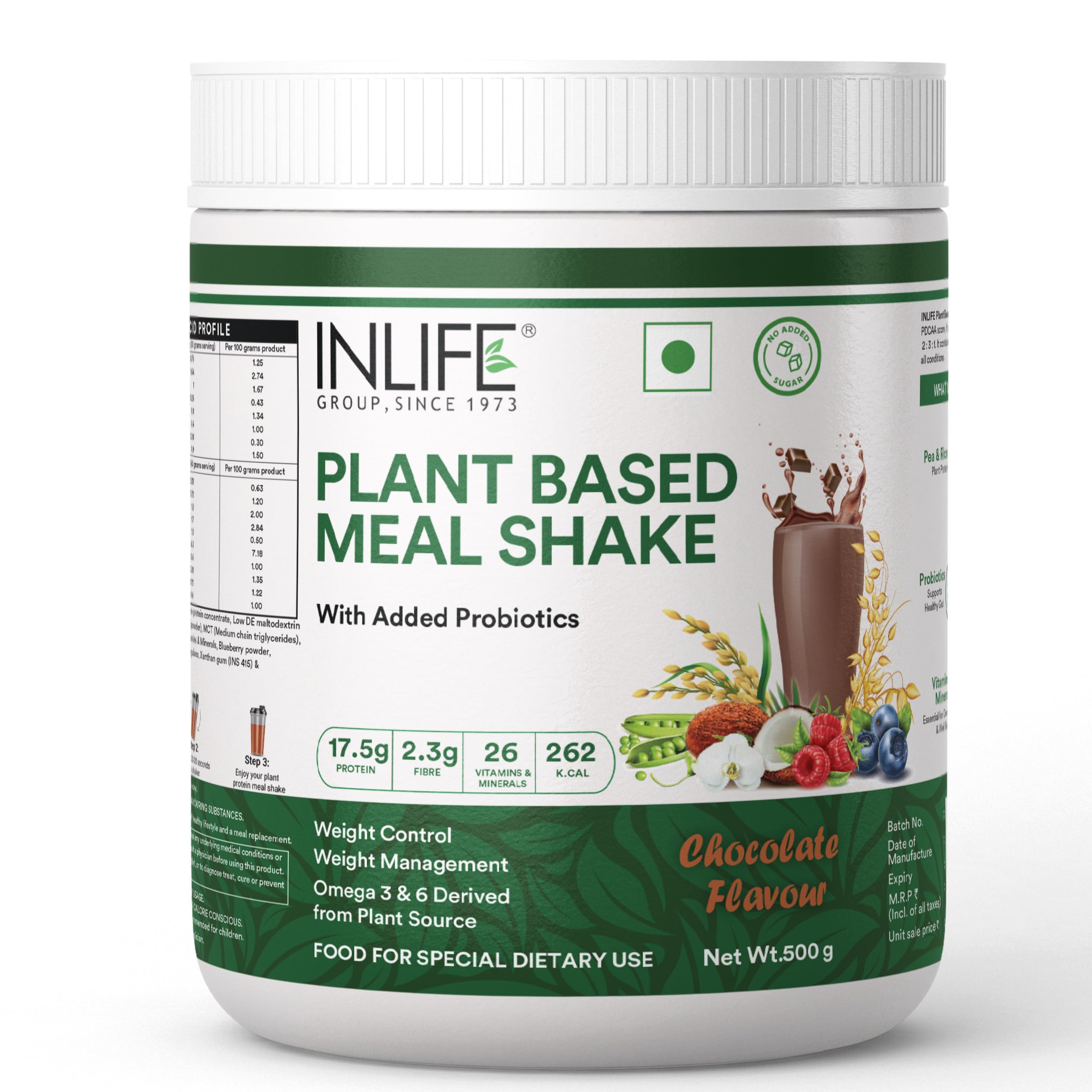 INLIFE Plant Based Meal Replacement Shake | Plant Protein Powder (17.5 Protein) Sugar Free, Lactose Free | Added Probiotics, 500g (500g, Chocolate)-image-19
