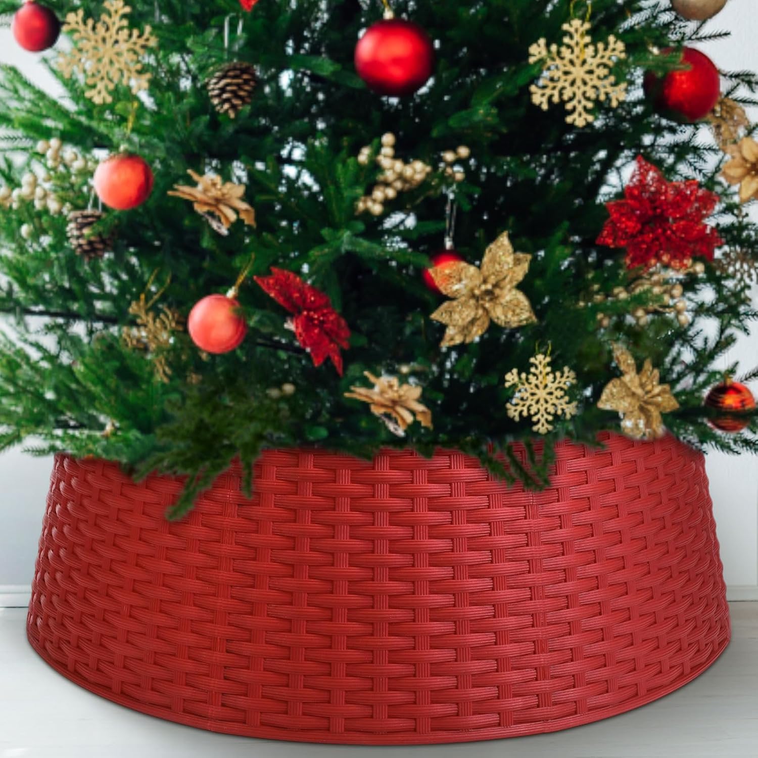 Liliful 26 Inch Plastic Christmas Tree Collar, Large Woven Christmas Tree Collar Basket, Rustic Skirt Base Cover for Holiday Decorations Accessories(Red)