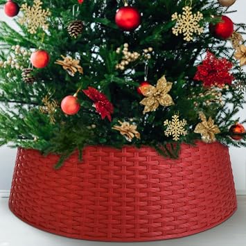 Liliful 26 Inch Plastic Christmas Tree Collar, Large Woven Christmas Tree Collar Basket, Rustic Skirt Base Cover for Holiday Decorations AccessoriesRed