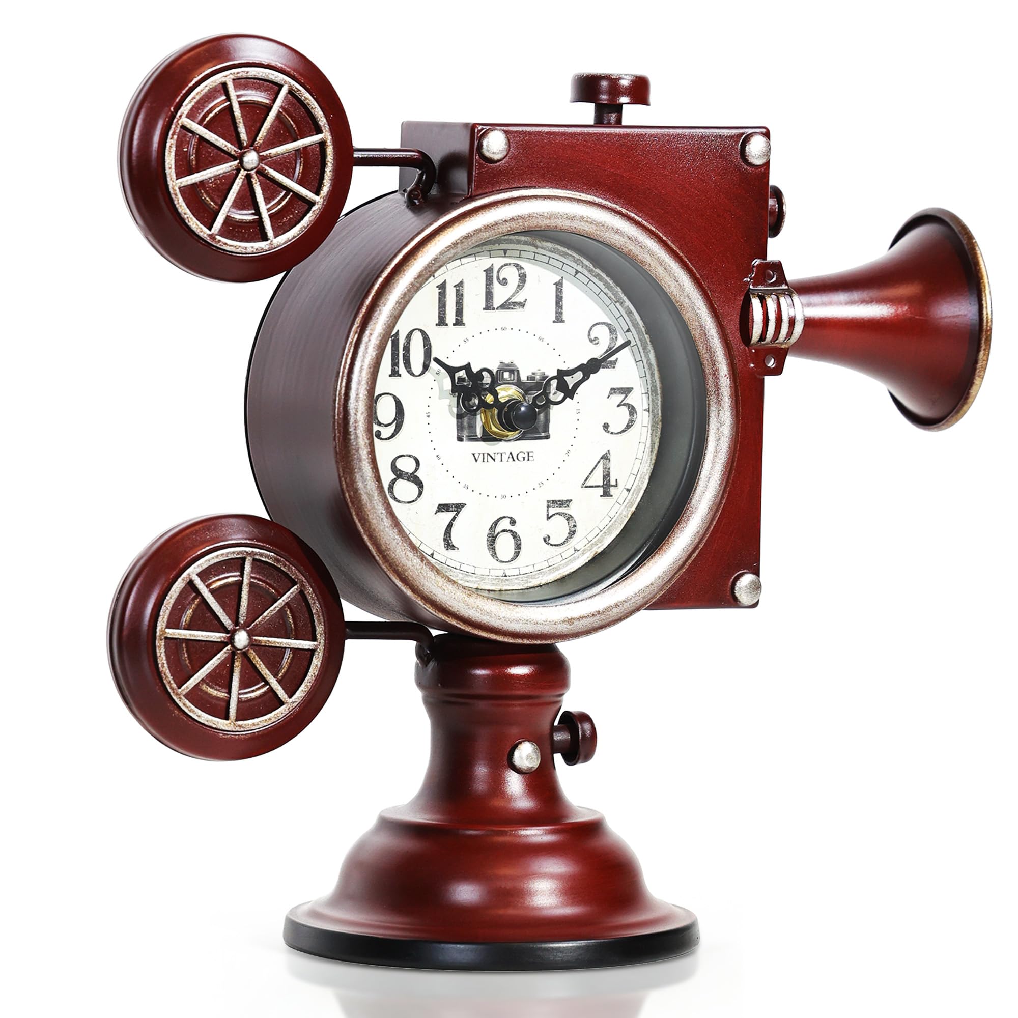 AYRELY® Vintage Industrial Film Projector Mantel Clock, Battery Operated Metal Shelf &amp; Table Clock, Retro Home Décor Gift for Film Lovers, Living Room, Fireplace &amp; Media Room