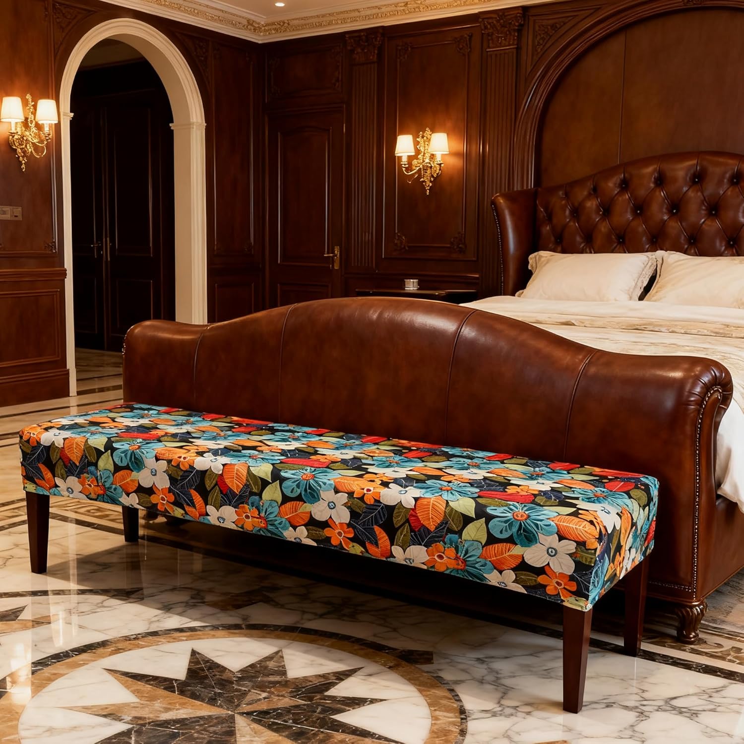 Floral Dining Bench Cover 60 inches Length Stretch Bench Slipcover for Bedroom Printed Rectangle Washable