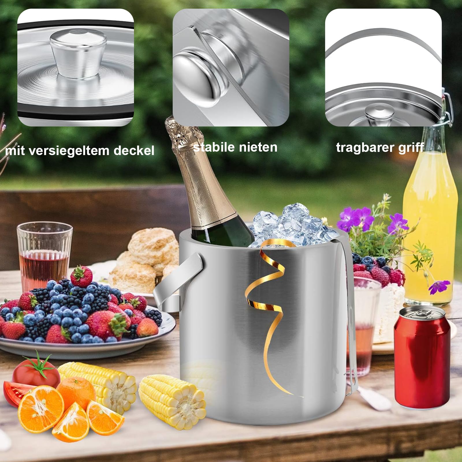 Eiswürfelbehälter, Eisbehälter rund mit Sieb und Eiszange, 2L Eiswürfelbehälte, Edelstahl Eisbehälter,Eiswürfel-Kühler für Bar, Party, zur Aufbewahrung zum Kühlen von Getränken