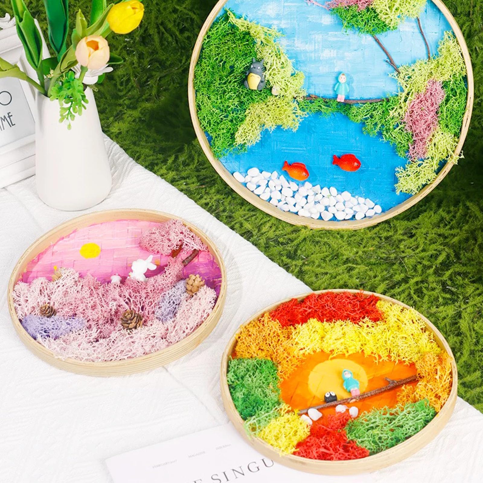 Attuslla Zen Garden Kit for Desk Moss Painting DIY, Micro Landscape DIY Painting with Round Bamboo Painting Frame, Moss - Image 3
