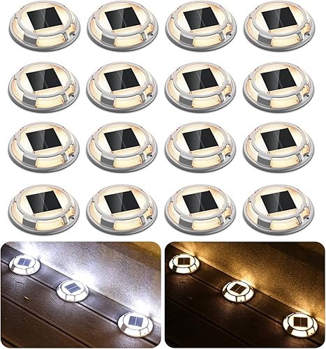 Luces solares para entrada de vehículos, impermeables, paquete de 16, 2 colores en 1, luz solar LED para exteriores, luz solar para paseo, marcador