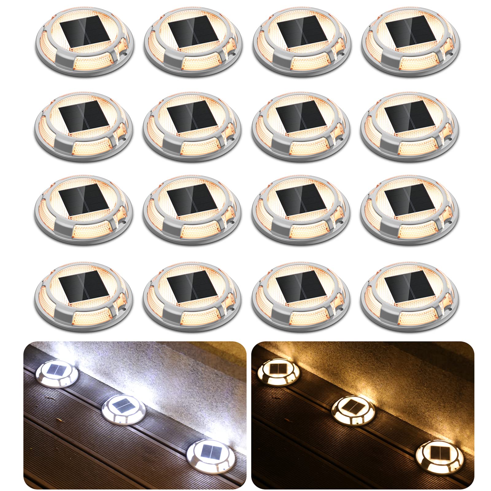 FabStyl Solar Driveway Dock Lights Waterproof 16 Pack, 2 Colors in 1 Outdoor LED Deck Lights, Solar Powered Walkway Road Marker for Warning Stair Pathway Patio (Warm & Cool)