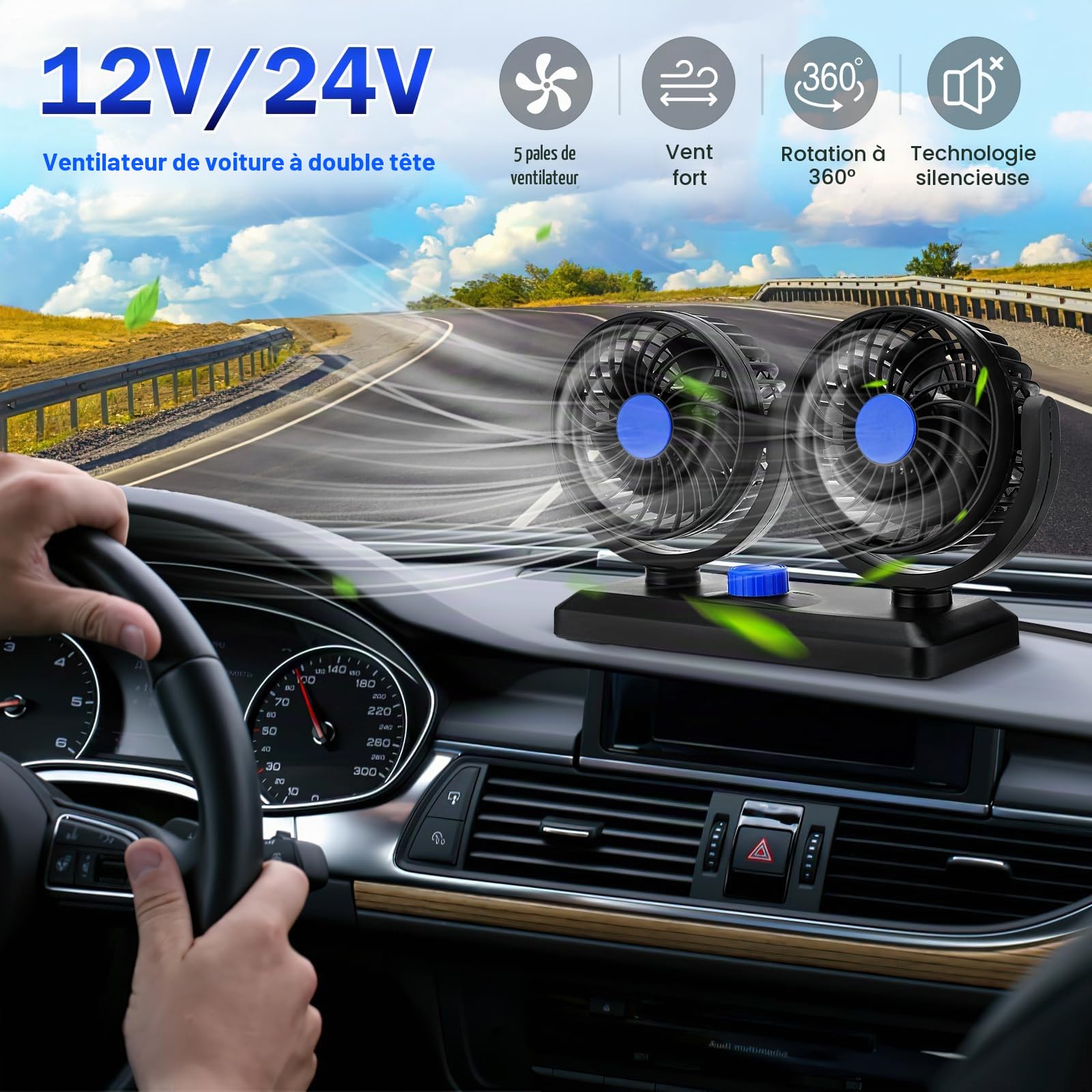 Ventilateur de refroidissement portable pour voiture, ventilateur de voiture 12V/24V, ventilateur de tête double avec ventilateur de refroidissement réglable à 2 vitesses (12V bleu)