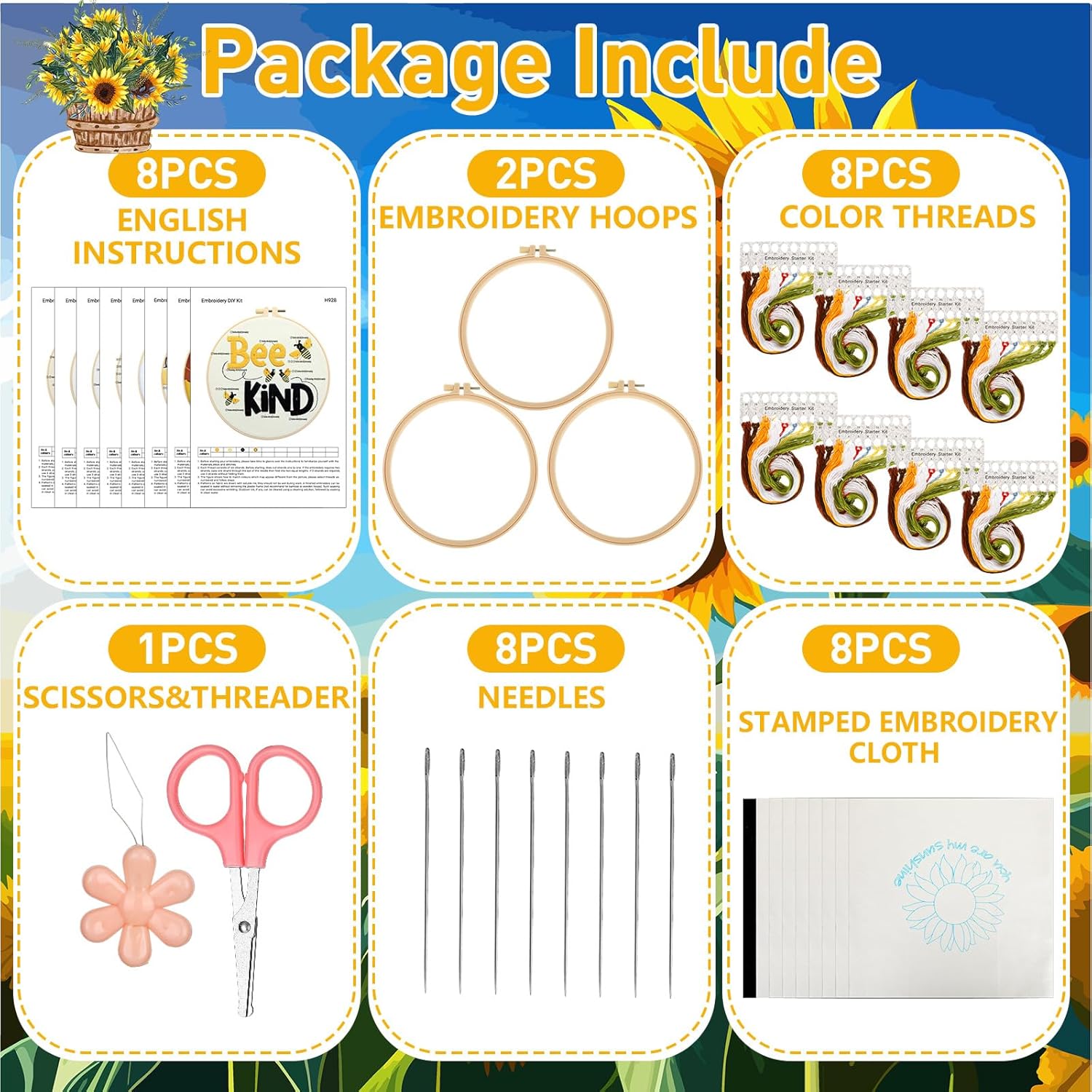 Riceshoot 8 Set Sunflower Embroidery Kits for Beginner Adults Bee Cross Stitch Kit DIY Needlepoint with Pattern Instruction, Hoop, Embroidery Fabric, Thread, Needle, Scissor, Gift for Home Decor