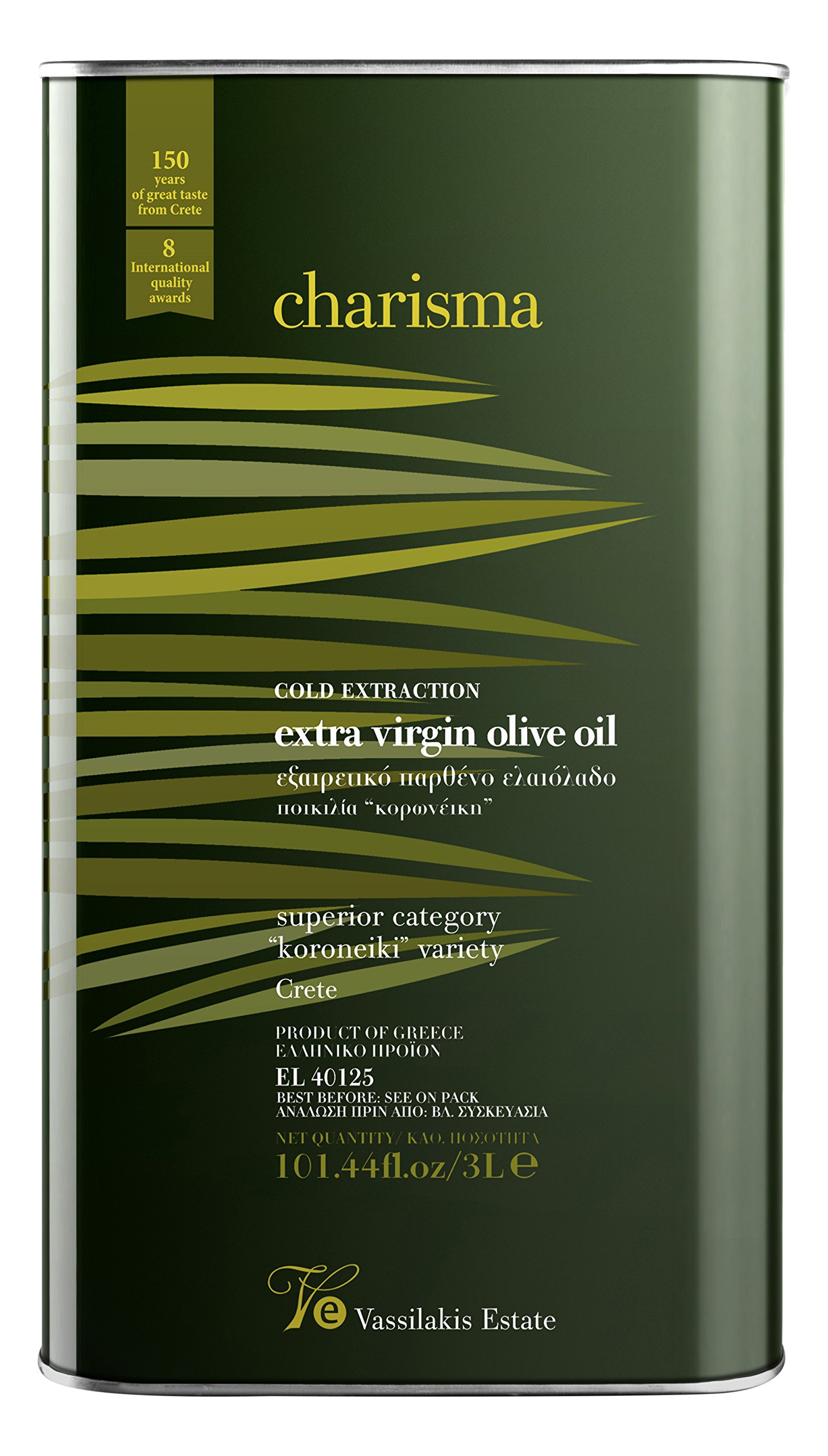 Vassilakis Estate Charisma - Huile d'olive extra vierge grecque de Crète - Boîte de 3 L - Olives Koroneiki pressées à froid - Faible acidité < 0,4% - Premium EVOO