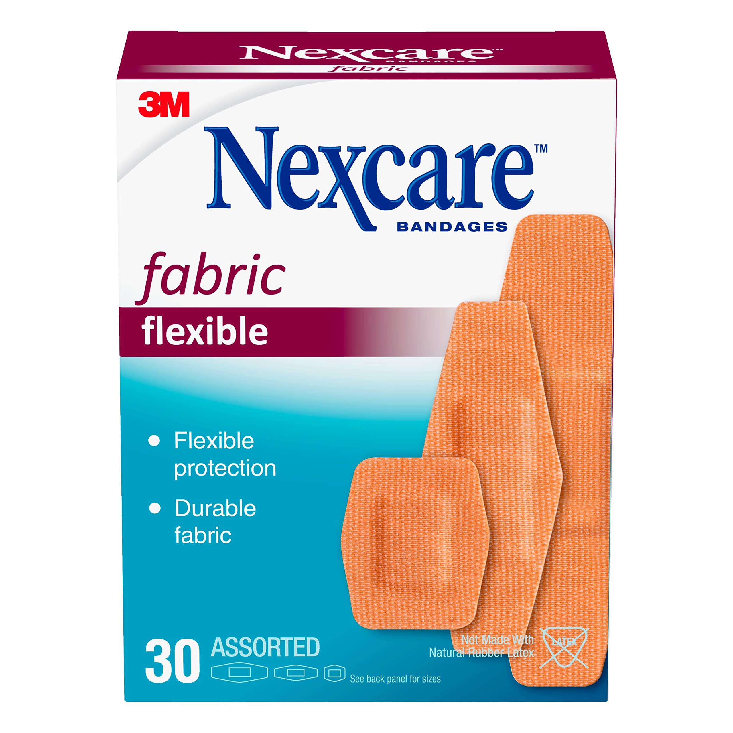Heavy Duty Flexible Fabric Bandages, Assorted Sizes, 30 Count, Latex-Free, Durable Adhesive Bandages for First Aid and Wound Care