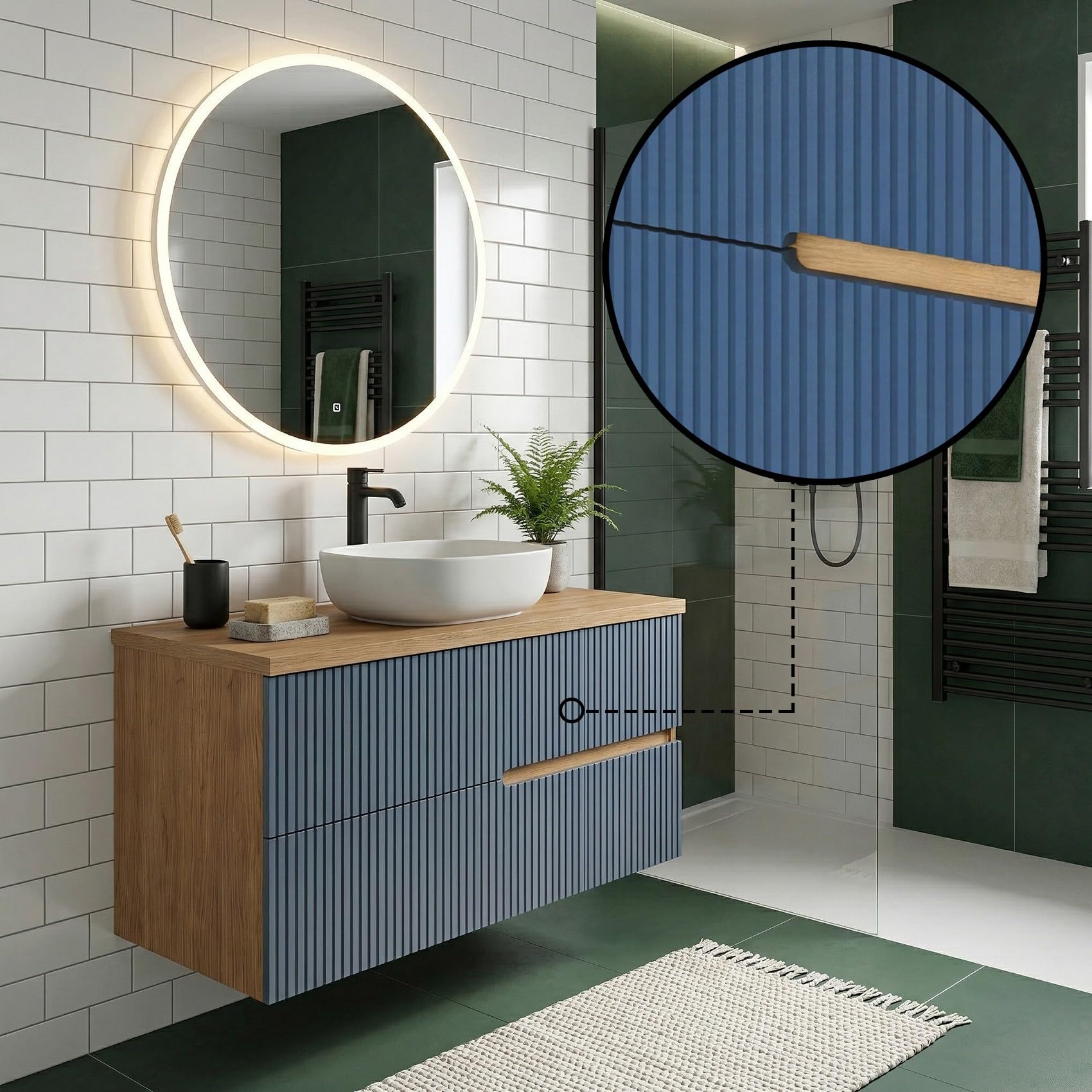 SANIVERRE EVA Meuble Vasque à Poser Suspendu L.100 cm Chêne Naturel 2 Tiroirs Bleu Mer Cannelé (sans Colonne) Salle de Bain