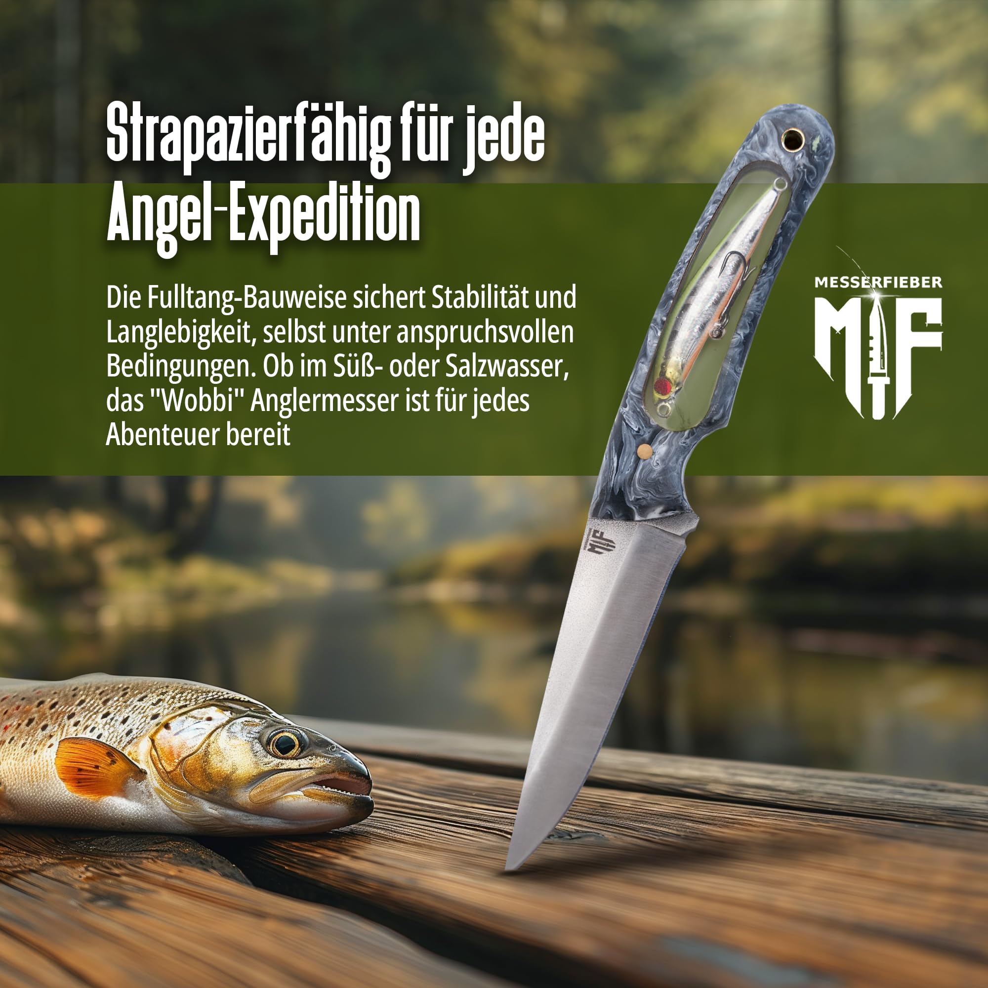 Messerfieber® Angelmesser Wobbi [Mit Einzigartigem Wobblergriff!] – inkl. Lederscheide – Outdoor Messer für Angler & Naturfreunde – Survival Messer (Handgefertigt & Korrosionsbeständig)