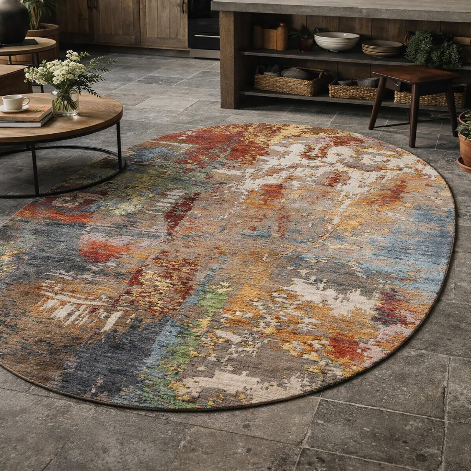 Tapis ovale salon multicolore abstrait pour dressing de chambre