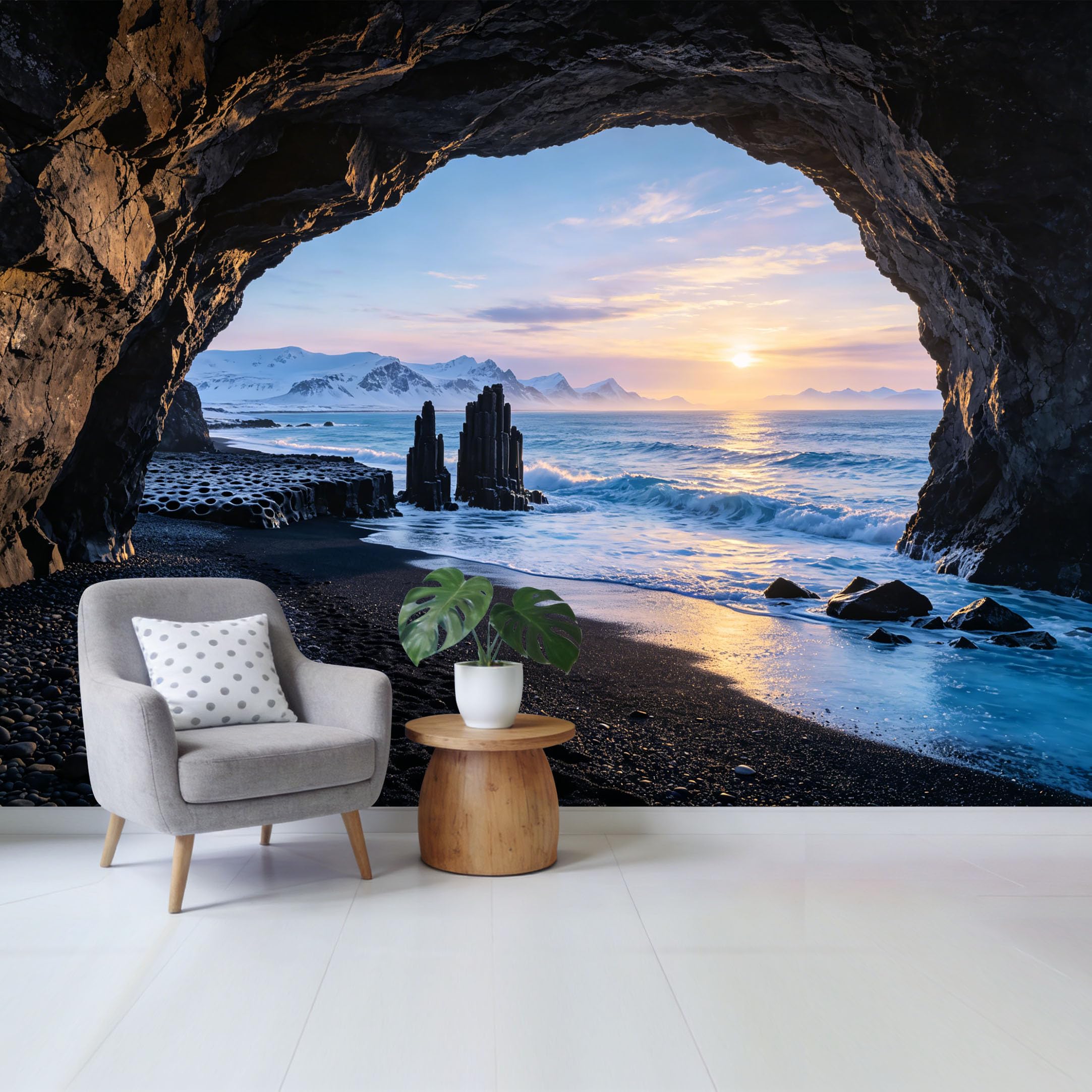 Custom Size Wall Mural Coastal Sea Cave Sunset Landscape Ocean View Removable Self Adhesive Fabric Home Wall Decor for Living Room Bedroom Bathroom