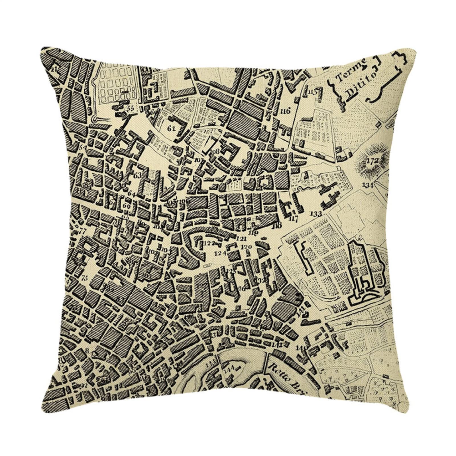 Zestaw 4 poszewek na poduszkę, retro charakter mapa poszewka na poduszkę lniana poszewka na poduszkę miękki poliester do domu salonu sofa ogród kanapa samochód (podwójny nadruk) 80 x 80 cm