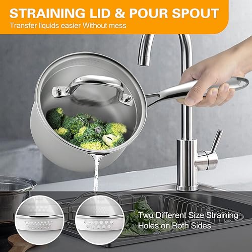 Miniatura 6 de Cacerola de acero inoxidable con tapa de vidrio templado, olla multiusos de 2.5 cuartos de galón, olla para verter fácilmente con mango ergonómico