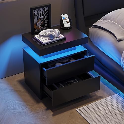 Miniatura 20 de Mesitas de noche LED, mesa auxiliar moderna con 2 cajones, muebles de dormitorio LED para dormitorio y sala de estar, gris 2-Gris,Gris,Negro,negro,