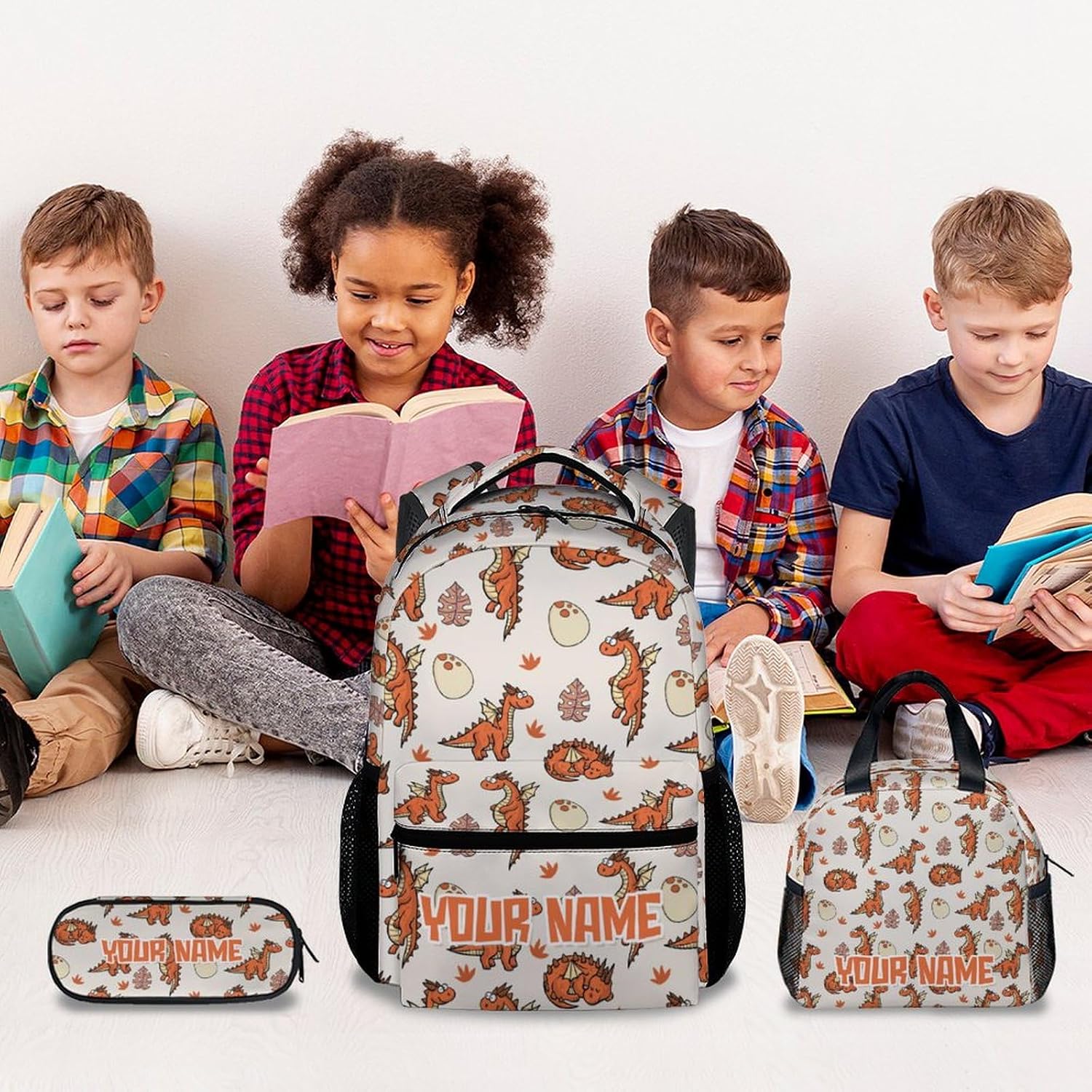 Custom Kid Backpack with Lunch Bag Set for Boys - 3 in 1 Primary Middle School Backpacks Matching Combo - Large Capacity, Durable, Orange Dragon Bookbag and Pencil Case Bundle