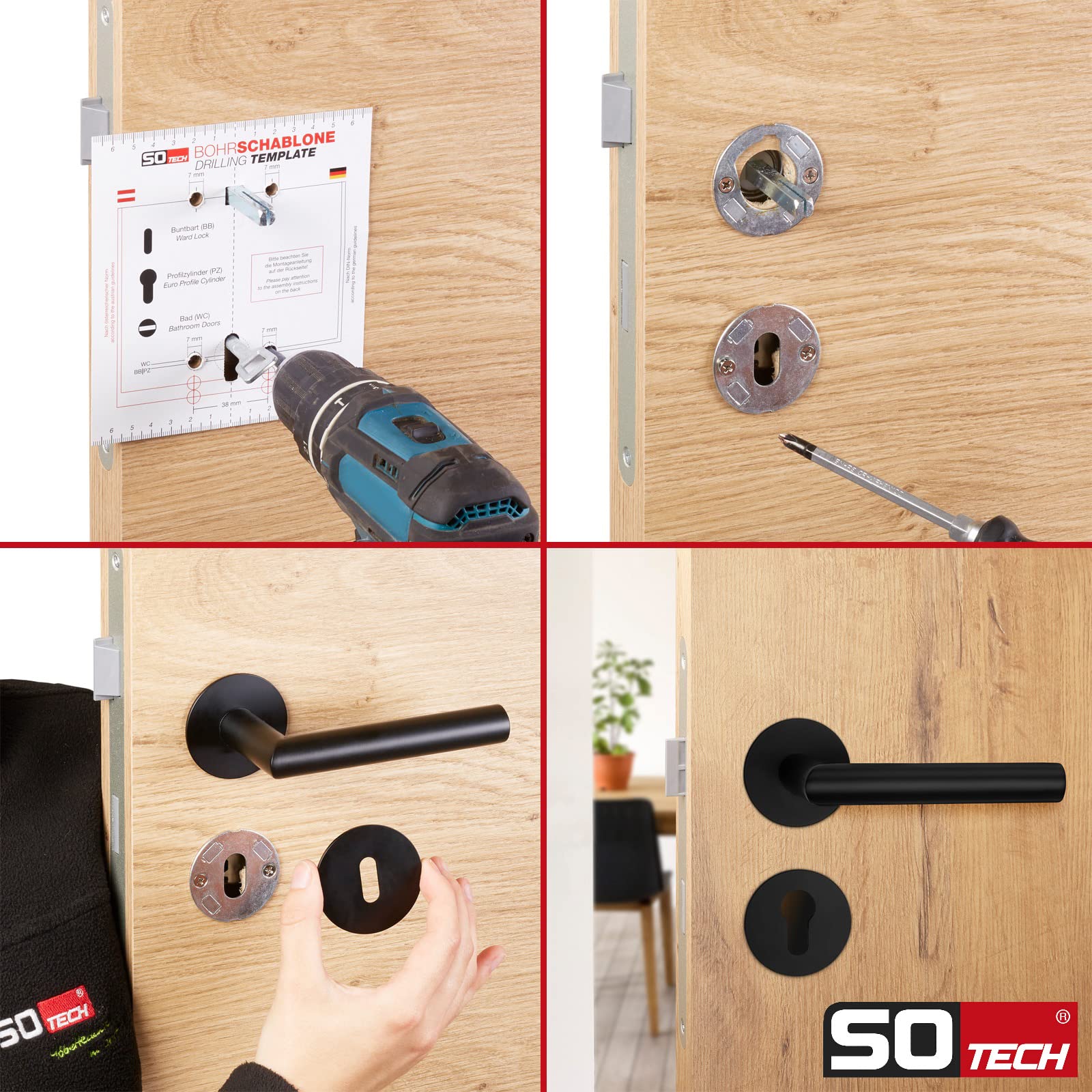 SOTECH Set di maniglie a leva THORE cilindro profilato (PZ) in acciaio inox SS304 nero (130x60 mm Ø 20 mm, porte spessore 35-52 mm, altezza 3 mm, clip magnetica) con materiale di fissaggio