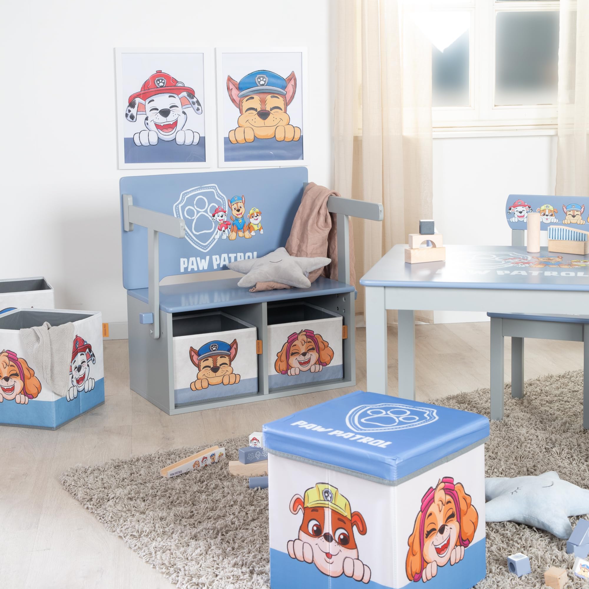 Paw Patrol Klappbare Sitzbank mit 2 Aufbewahrungsboxen, umbaubar zum Kindertisch, Holz grau/blau ab 18 Monaten