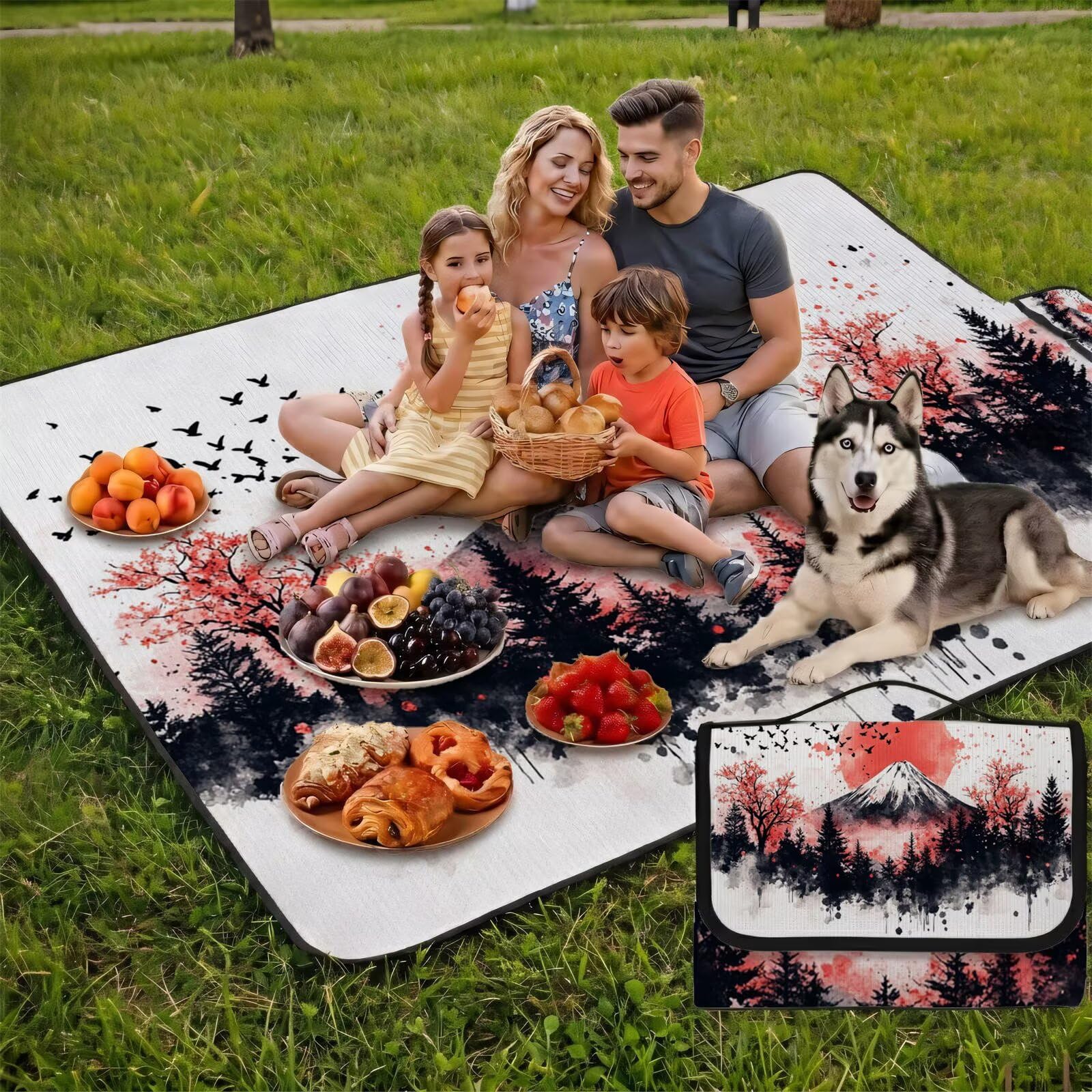 Couverture Pique Nique Grande 200x300cm,Outdoor Couverture Imperméable,Pliable Tapis de Plage Dos en PVC,Picnic Blanket pour Camping Accessoires,Jardin,Parc,Famille - Japon,Montagnes (2) UZ-354