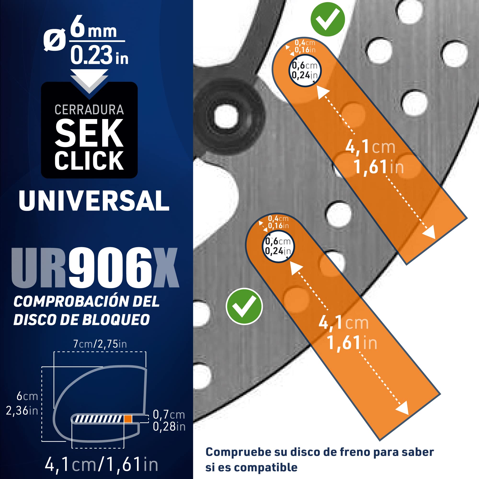 Urban UR906X Candado Moto Disco Alarma 120dB Hi-Tech X2 ON, Remplazable Impermeable, Pila CR2, Cable Recordatorio, Antirrobo Pinza Freno 6mm Universal para Motos Scooter Bicicleta Electrica Patinete
