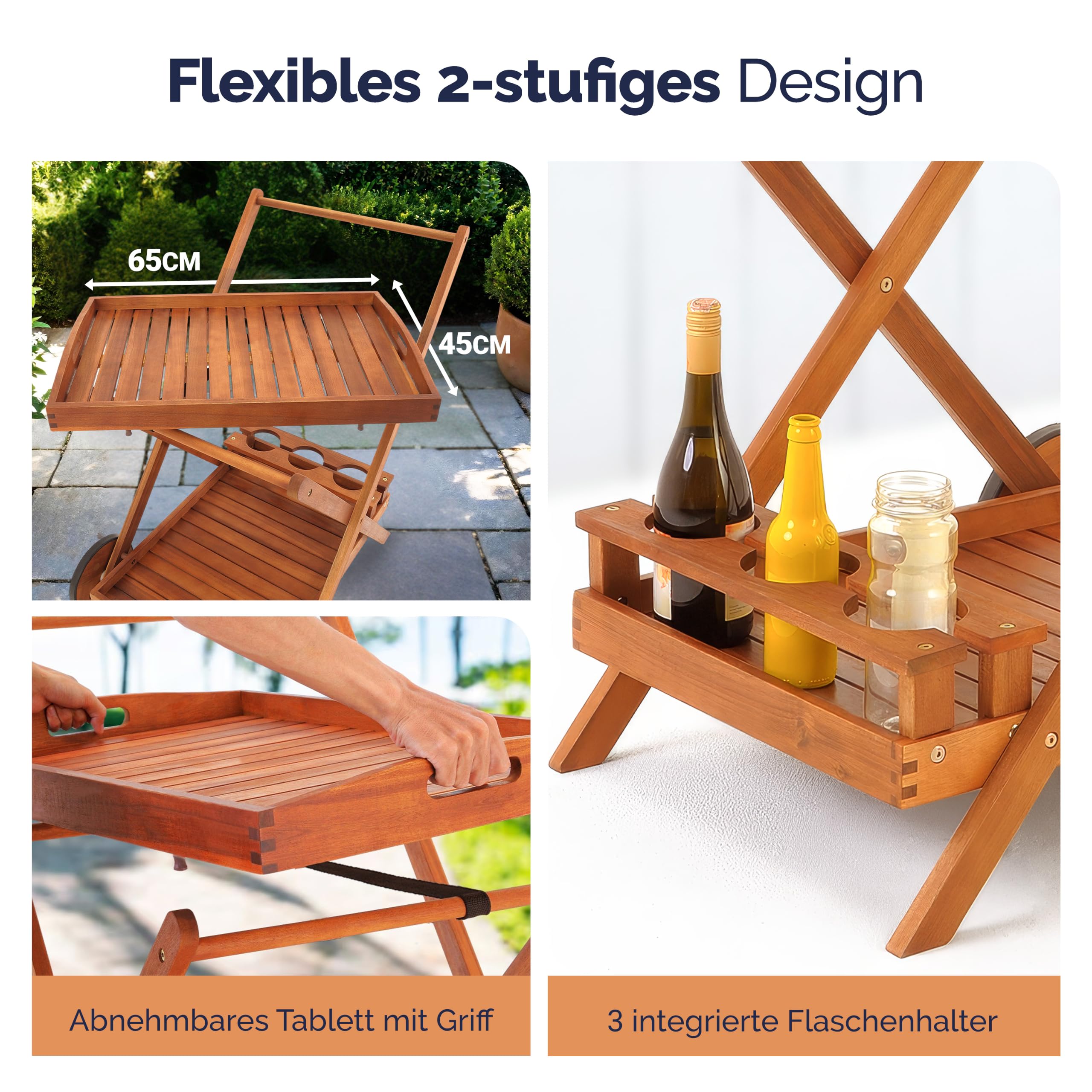 Casaria® Servierwagen mit Rollen Holz FSC®- Zertifiziert Akazie 2 Etagen Tablett 3 Flaschenhalter Outdoor Küche Garten Terrasse Küchenwagen Rollwagen