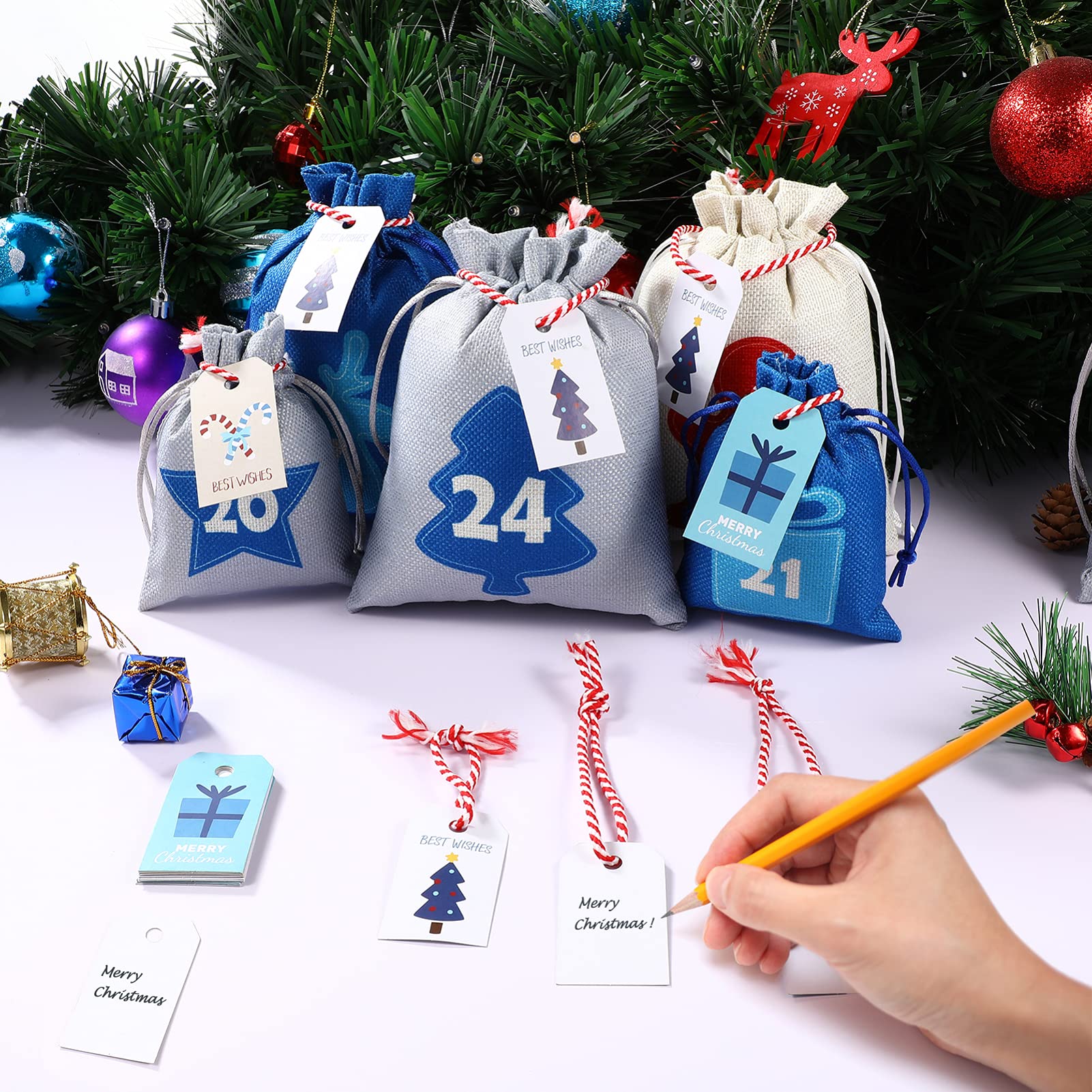 Cabilock Kordelzug-Taschen, 26 Stück/Set, dekorative Countdown-Taschen, Weihnachts-Adventskalender, kreative Weihnachts-Hängetaschen, Weihnachtsbaumschmuck