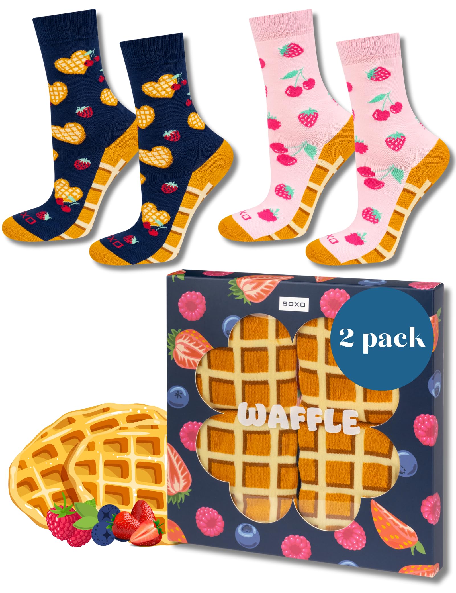 Soxo Women's Waffle 2 Pairs Dessert Socks Funny Gift Ideas Long Sock Funky Gifts Box 2.5-6.5