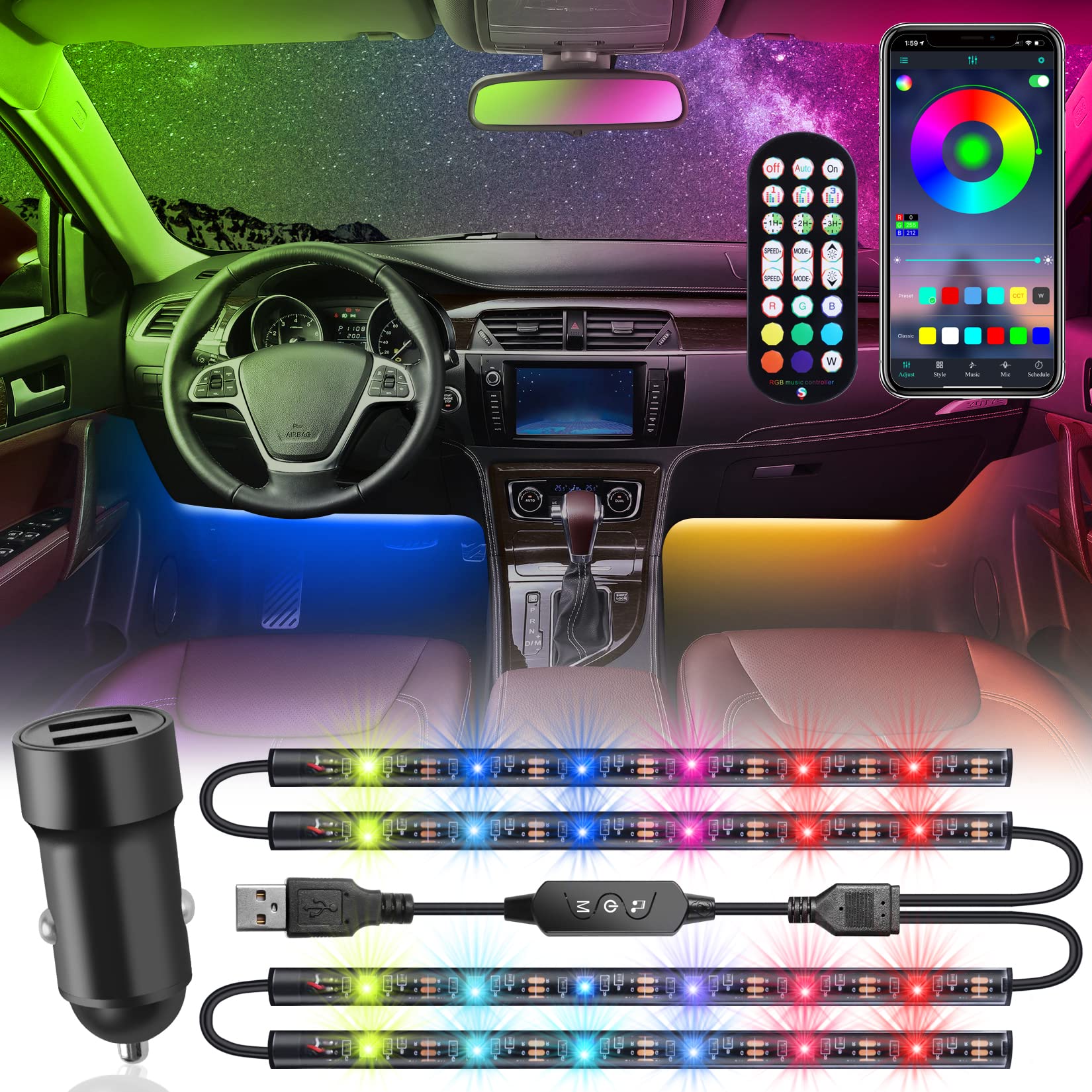 Car led interior lights，DC5V USB Port Car Charger,APP Control 24key Remote Control Lights Dance with Music,Waterproof Multi Color LED Strip DIY Atmosphere Lights Kits
