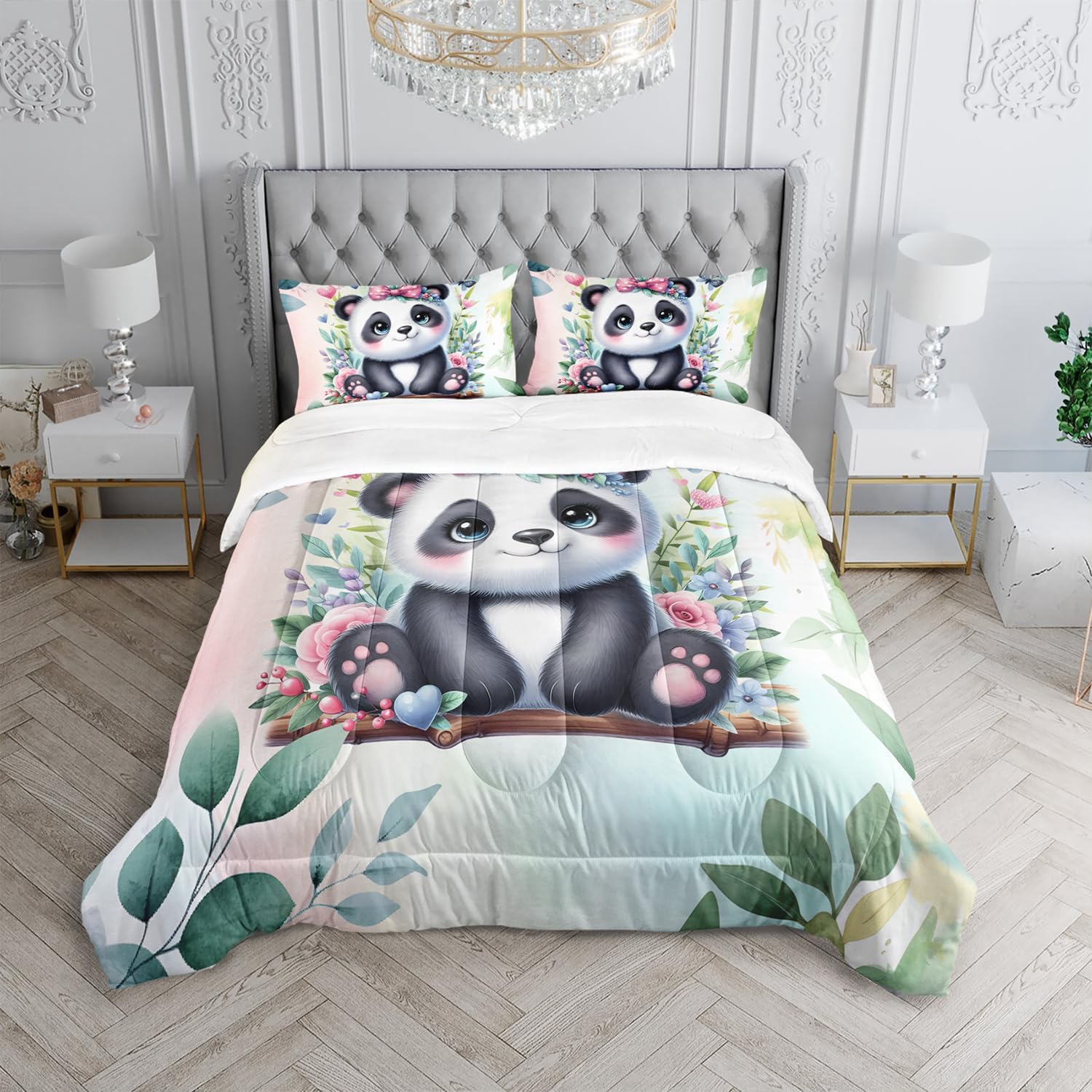 Kawaii Black White Panda Comforter 3Pcs Twin Tie Dye Wild Animal Flower Bear Bedding Set for Kid Teen Girl Boy Room Decor Swing Butterfly Botanical Quilt with 1 Comforter and 2 Pillowcases