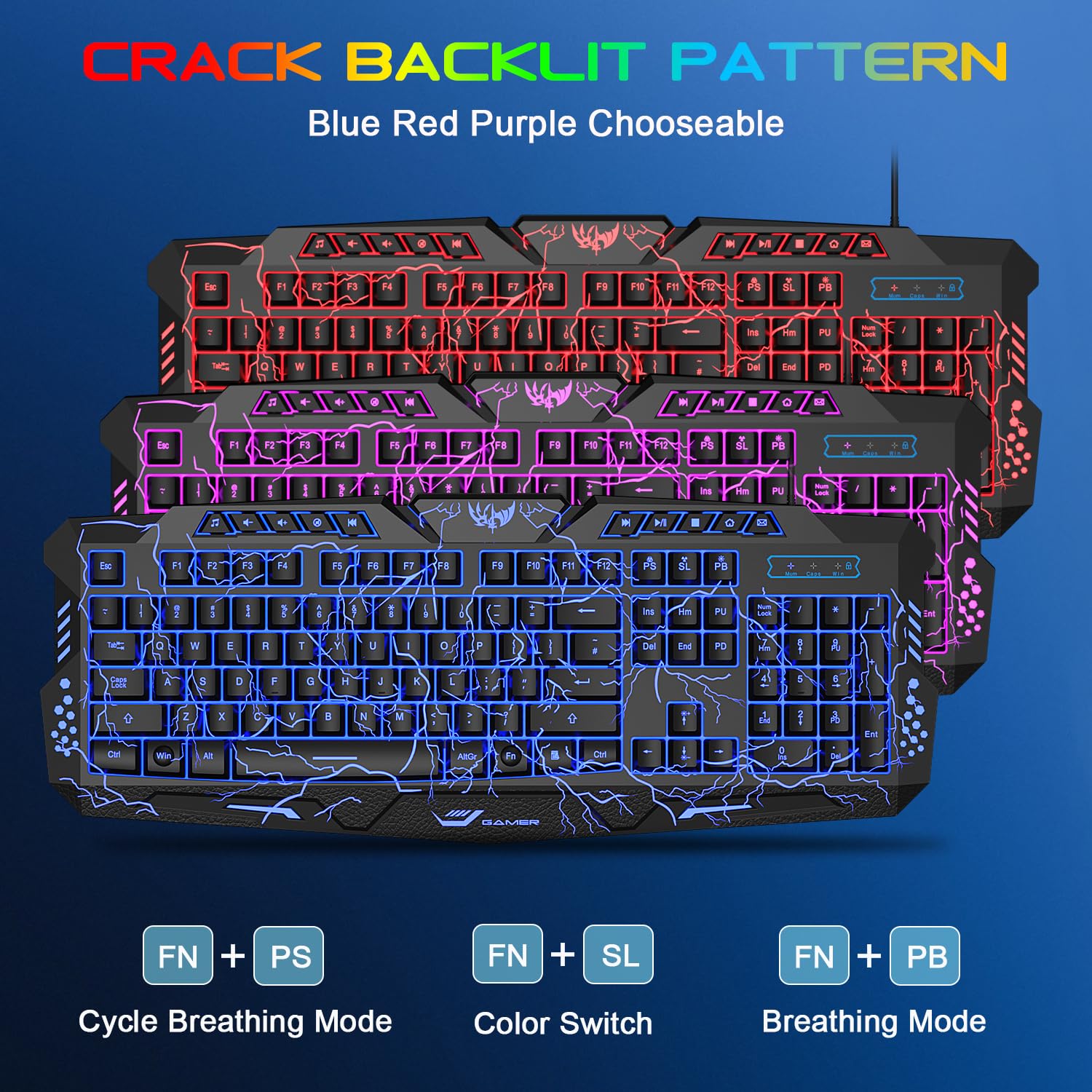 BlueFinger Tastiera da gioco retroilluminata, mouse e cuffie a LED, con cavo USB, retroilluminato a 3 colori, con luce LED blu, set per lavoro e gioco