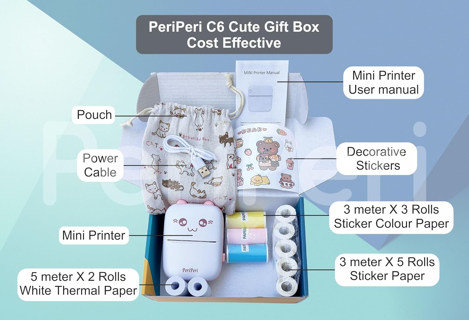 PeriPeri C6 Gift Box Combo Mini Thermal Printer (1Year Warranty) Inkless Bluetooth Pocket Printer with Pouch, 10 Paper & Sticker Rolls. Compatible with iOS, Android (Pink) PeriPeri C6 Gift Box Combo Mini Thermal Printer (1Year Warranty) Inkless Bluetooth Pocket Printer with Pouch, 10 Paper & Sticker Rolls. Compatible with iOS, Android (Pink)