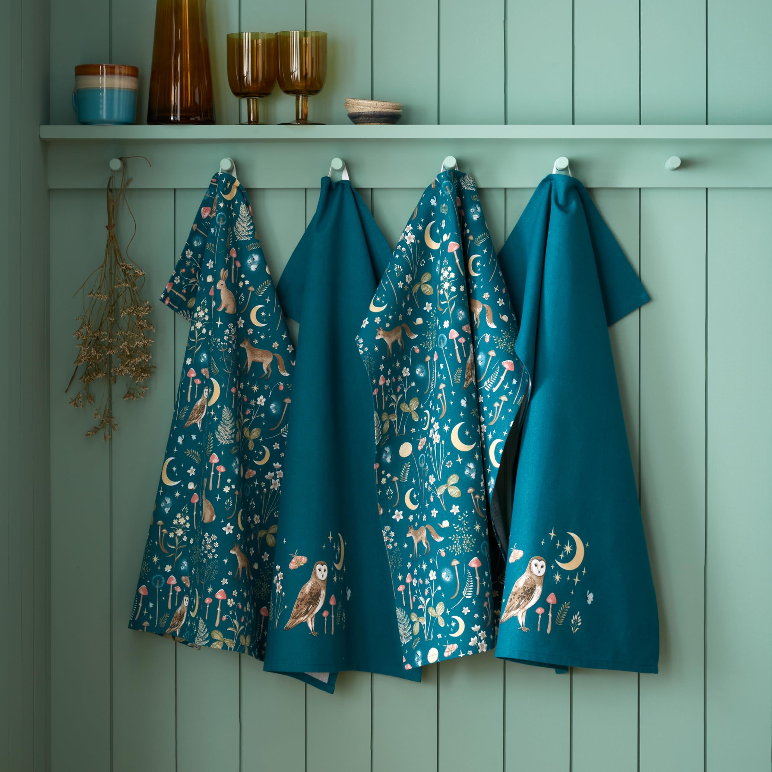 Catherine Lansfield 'Enchanted Twilight Animals' Cotton Kitchen Tea Towel Pack of 4 in Teal | Size: 4 Pack