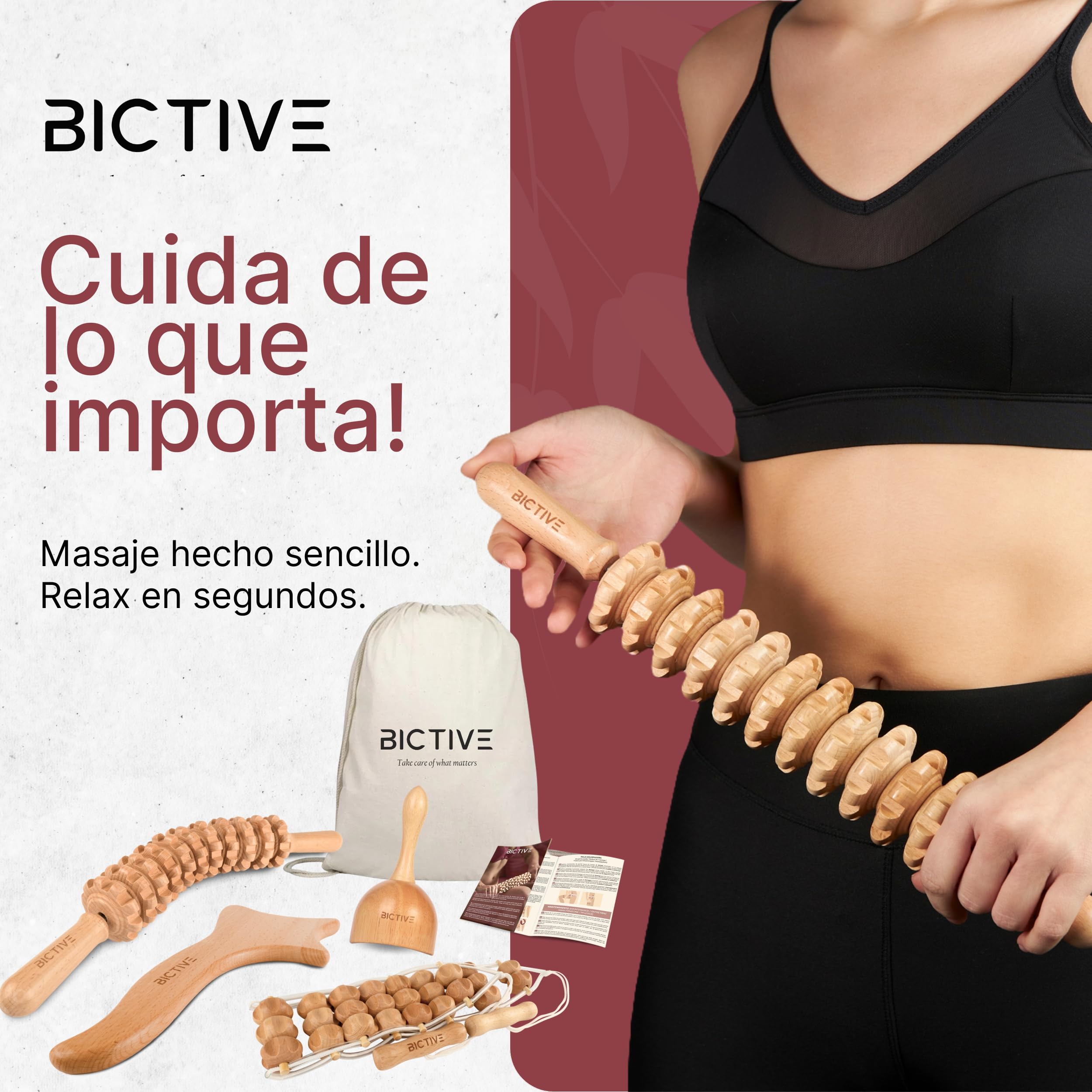 Kit Maderoterapia Corporal 4 en 1 Calidad Profesional. Masajeador Celulitis, Drenaje Linfatico Piernas y Abdomen. Rodillo, Copa, Pala y Cinturón de Maderoterapia para Masaje. Madera de Haya.
