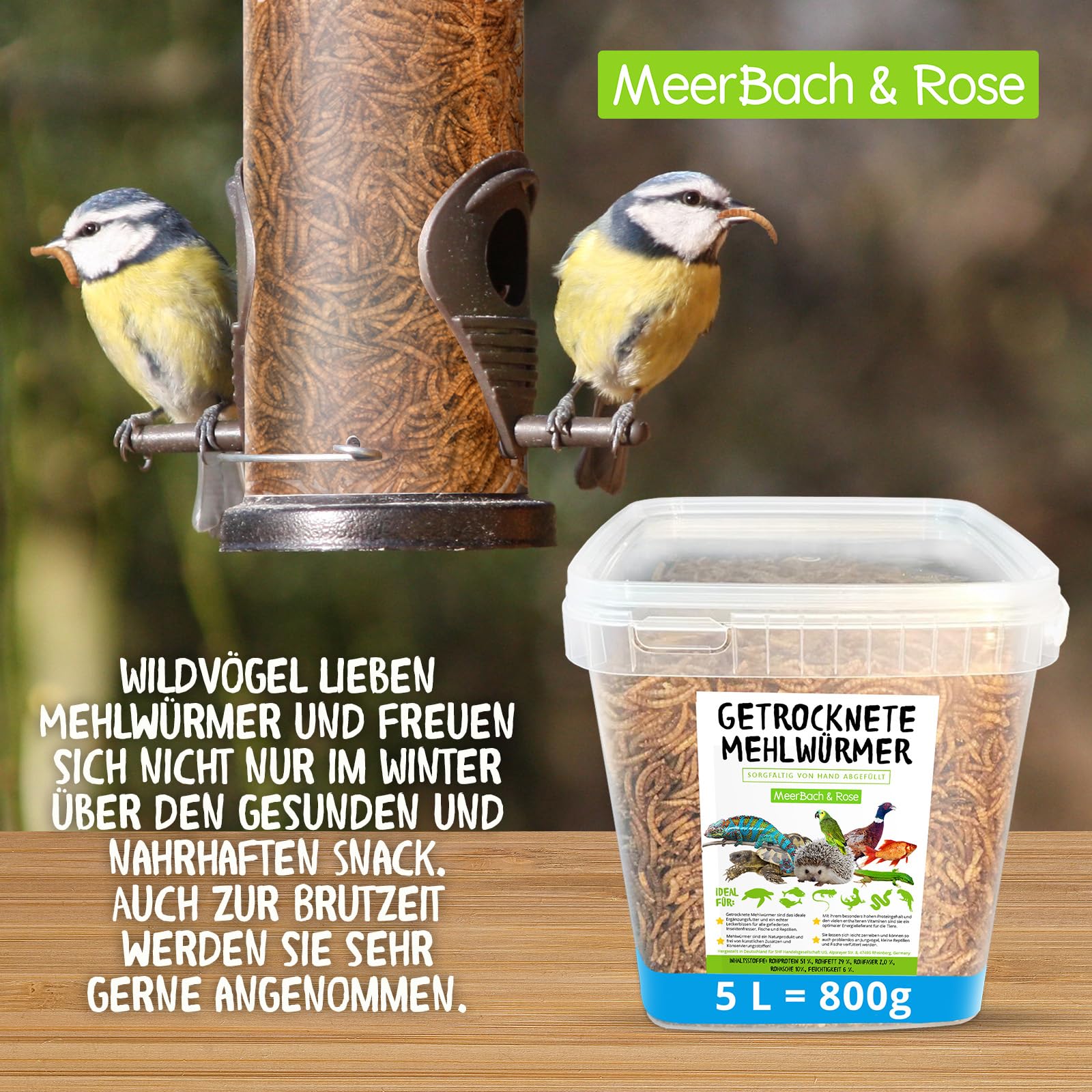 Mehlwürmer getrocknet, 800g (entspricht 5 L) getrocknete Mehlwürmer im praktischen Eimer, proteinreicher Snack für Wildvögel, Fische, Reptilien und Nager