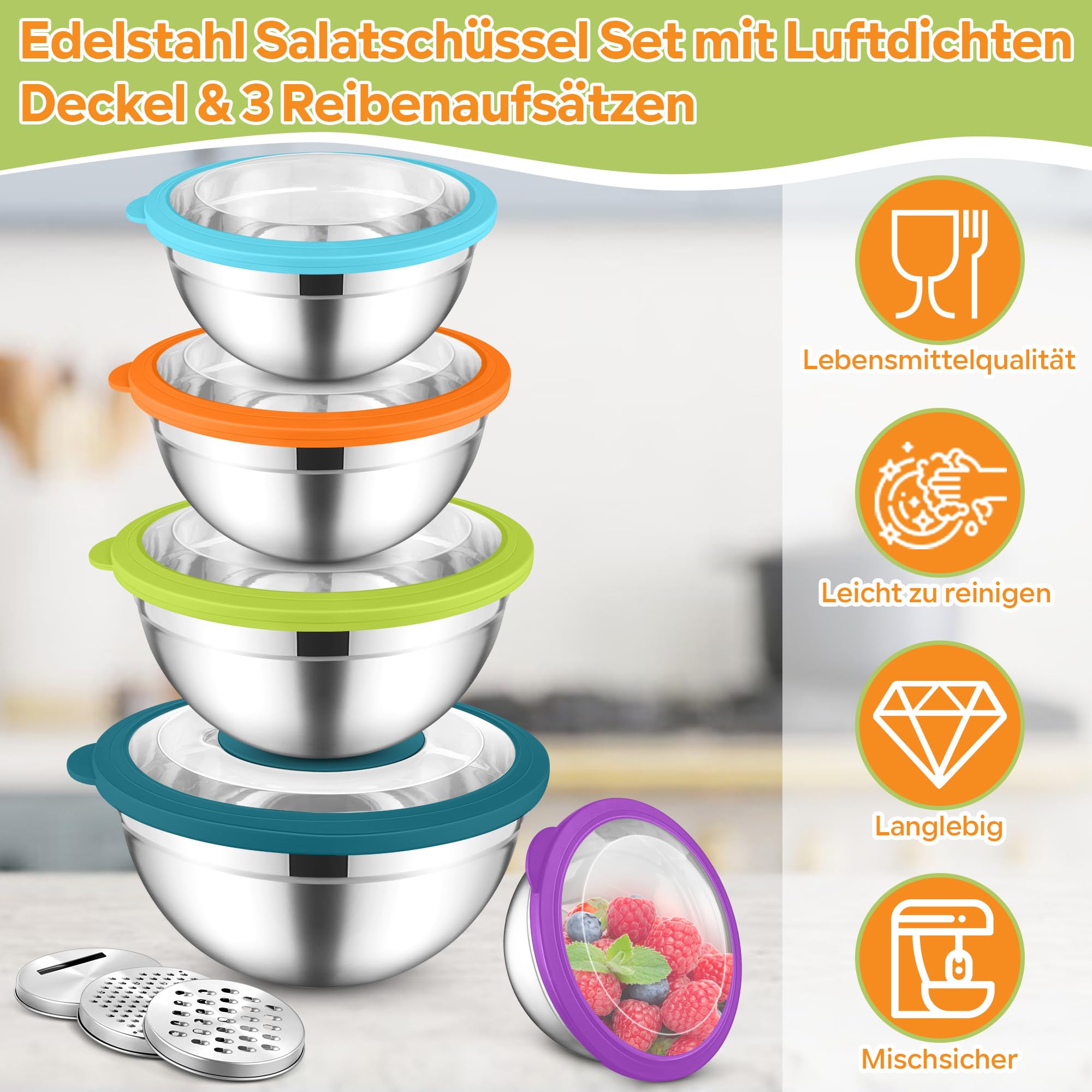 Relaxdays 10020833_47 Set di Ciotole con Coperchio in Acciaio Inox