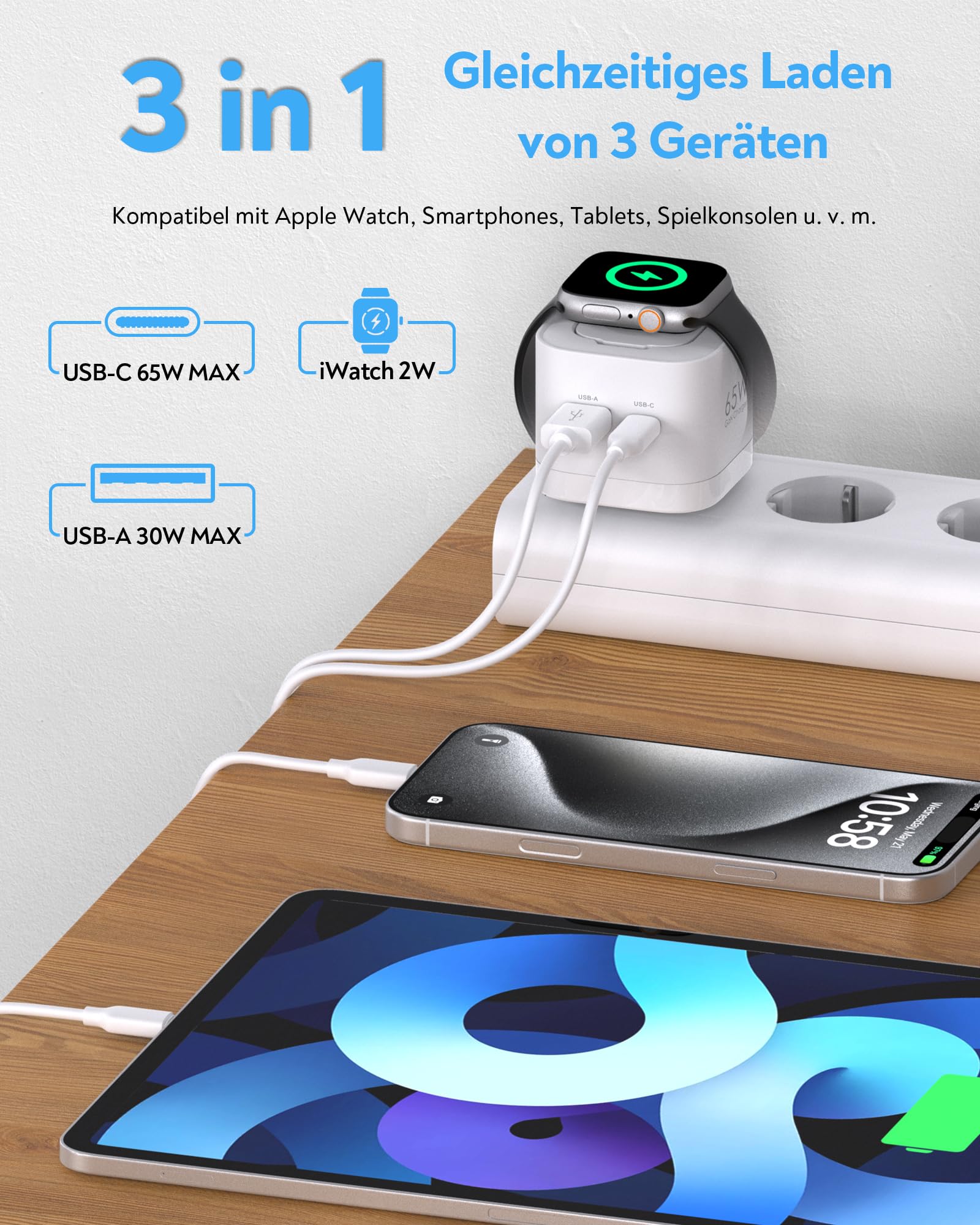 Chargeur USB-C 65 W pour Apple Watch, Chargeur USB-C 3-en-1 pour iPhone 65 W, Chargeur Rapide PD 3.0 pour iWatch 11/10/9/8/7/Ultra/SE, Adaptateur Secteur pour MacBook Pro/Air, iPad Pro/Air, Blanc